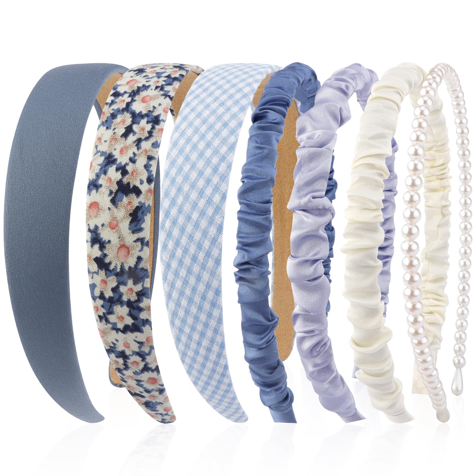 VELSCRUN 7 Pcs Different Headbands for Women Fashion Blue Solid Head Bands Pearl Headband Non Slip Hair Band for Womens Thin Thi