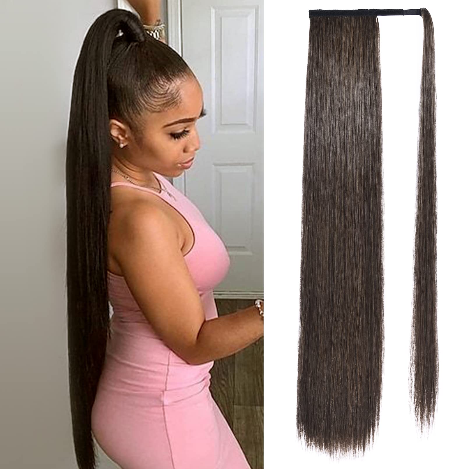 SEIKEA Long Ponytail Extension Straight Wrap Around Clip in Ponytail Hair Extensions Natural Soft Synthetic Hairpiece for Women 
