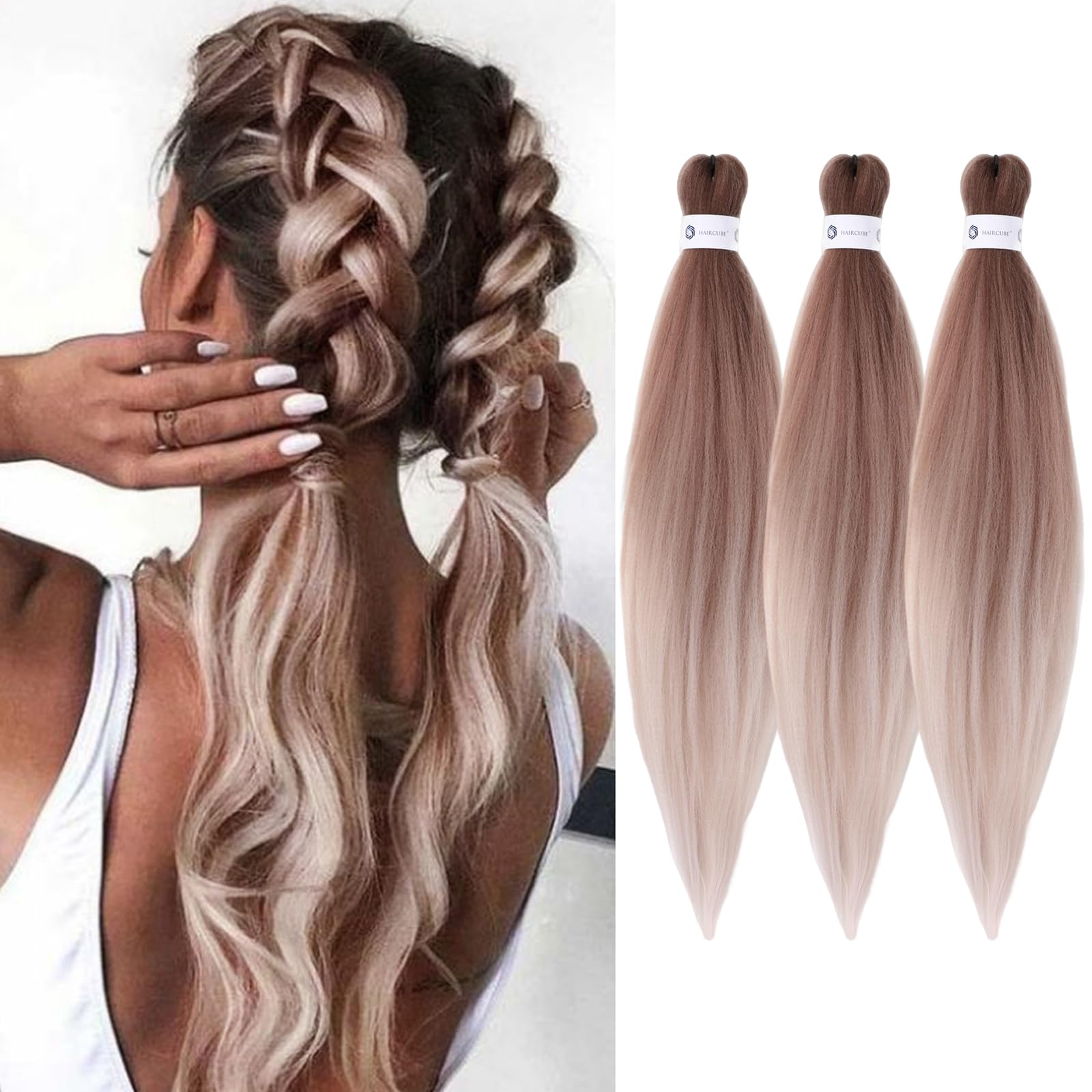 Pre-Stretched Braiding Hair Ombre Brown Braiding Hair Extensions 26 Inch 3 Packs Hot Water Setting Professional Soft Yaki Synthe