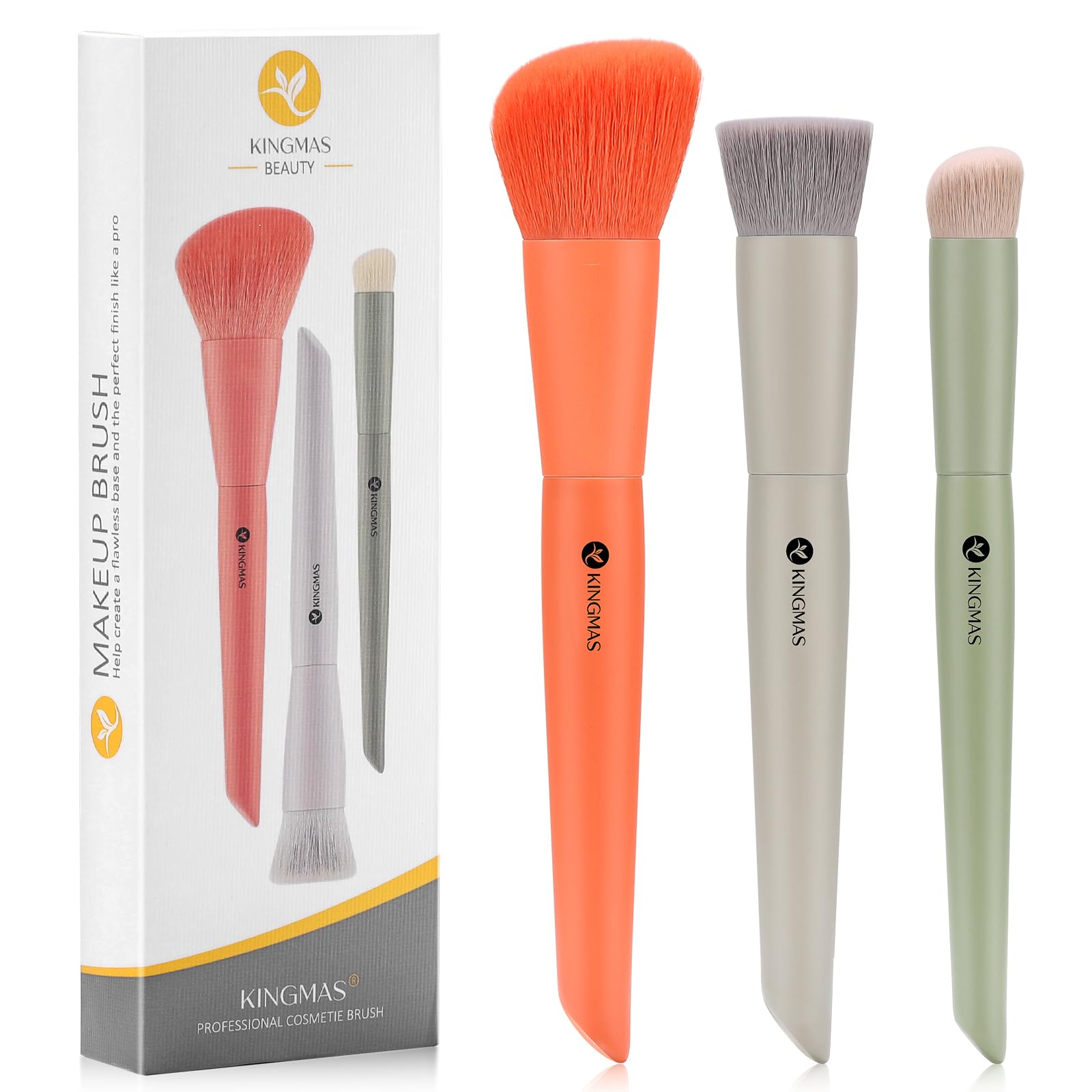 Kingmas 3Pcs Foundation Brush Contour Concealer Brush Set, Under Eye & Blusher Brush Kabuki Makeup Brushes For Face Blush Bronze