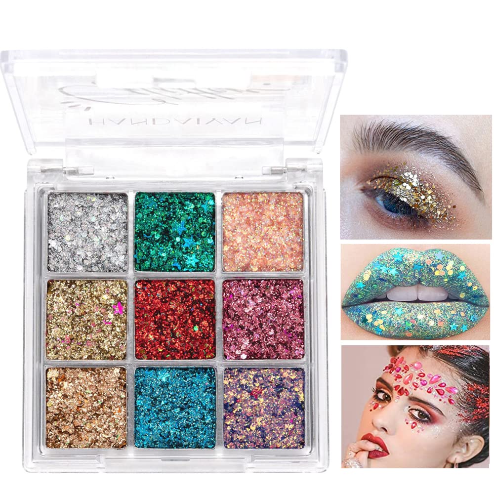 Yeweian Glitter Eyeshadow Palette, Shimmer Purple Pink Blue Colorful Eyeshadow Palette, Lip Face Eye Glitter Makeup, Lasting Wat