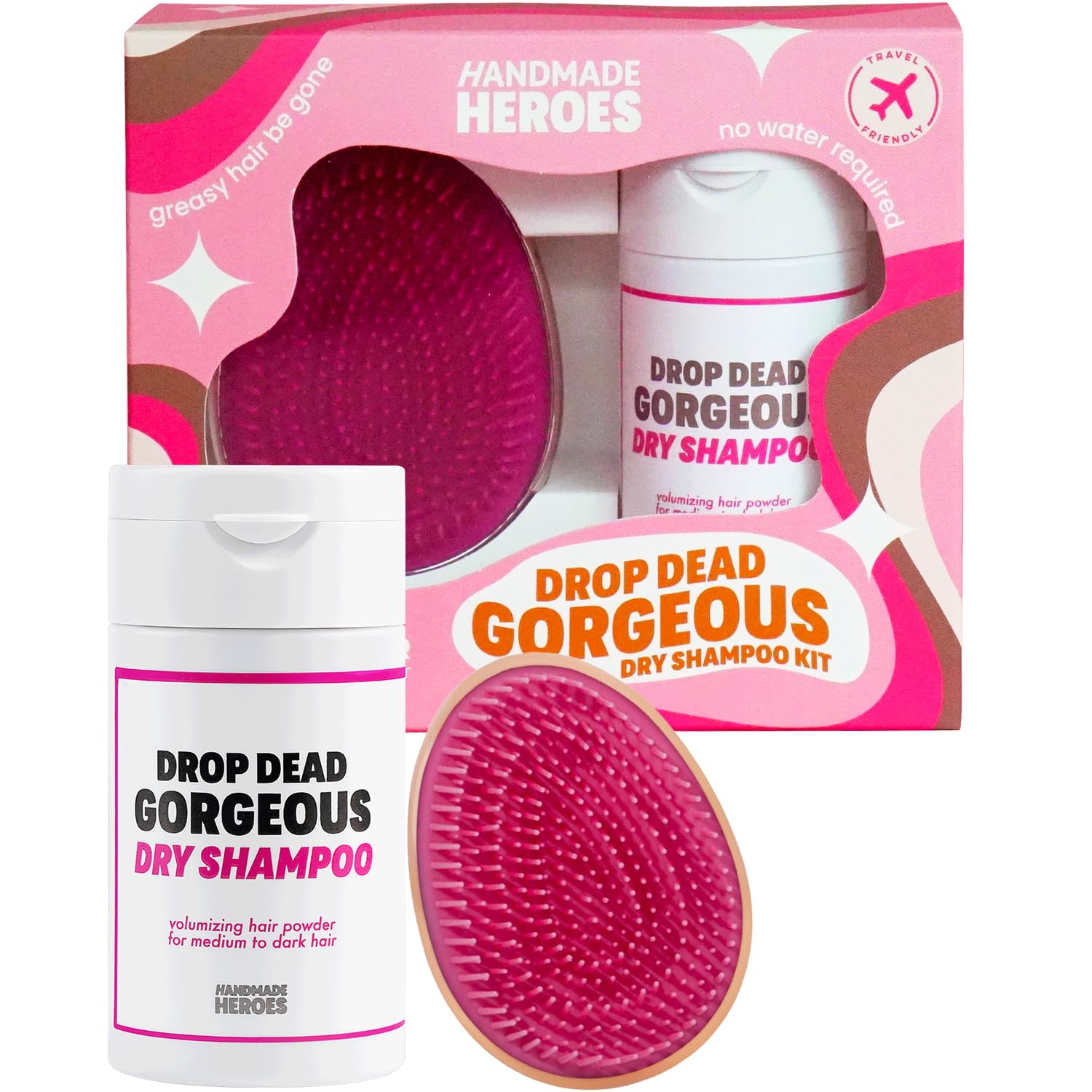 Handmade Heroes Dry Shampoo and Brush Kit, Non Aerosol Volumizing Dry Shampoo Powder For Dark & Brunette Hair, 100% Natural & Ve