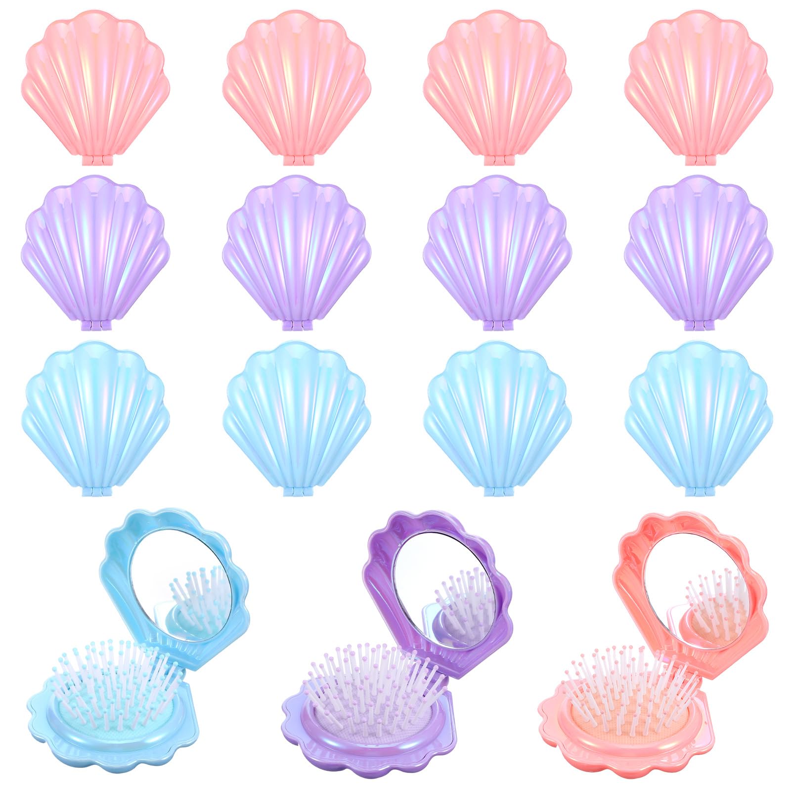 AOZUO 15 Pcs Foldable Shell Hair Brush with Mirror, Mermaid Party Favors