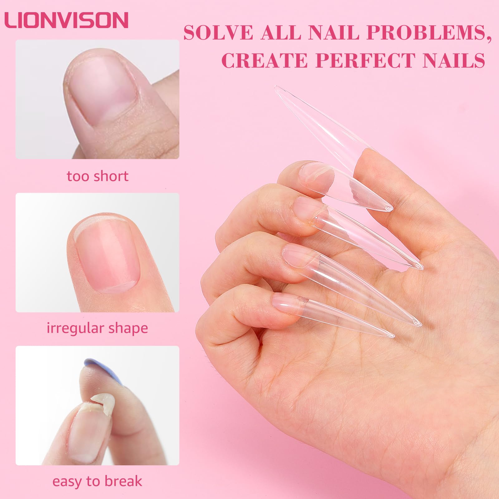 504Pcs 3Xl Stiletto Nail Tips, 3Xl Extra Long Clear For Acrylic Nails Professional, 12 Sizes Tapered Acrylic Full Nail Tips Pres