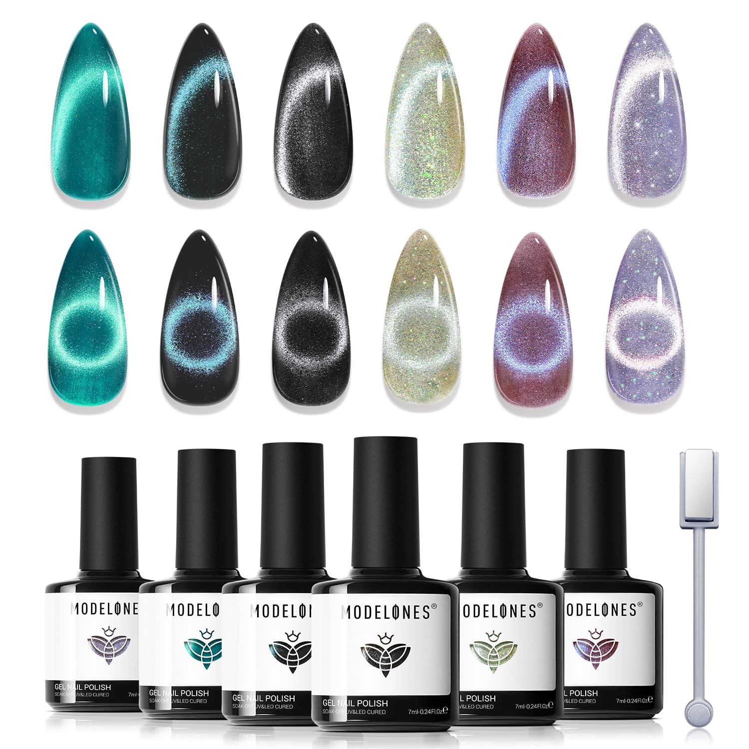 Modelones Cat Eye Gel Nail Polish Set, 6 Colors Holographic 9D Cat Eye Glitter Gel Polish Set Black Blue Purple Green Nail Gel P