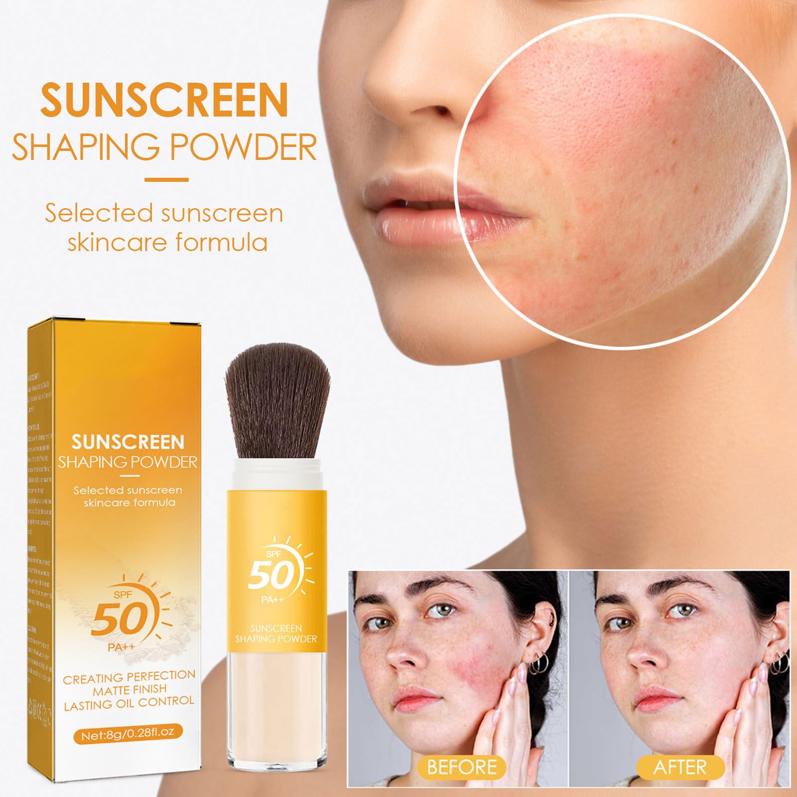 Mineral Sunscreen Setting Powder SPF 50, Mineral Brush Powder Oil Control Natural Matte Finish Loose Powder with Sunscreen Brush