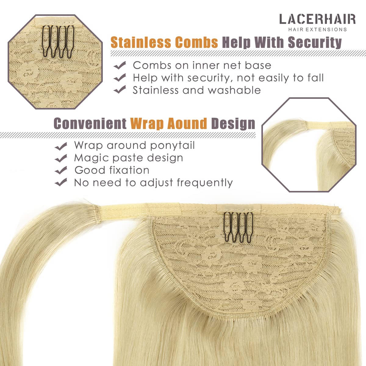 Lacer Wrap Around Ponytail Extension Human Hair Platinum Blonde Real Hair Ponytail Extension One Piece Silky Straight 70 Grams 1