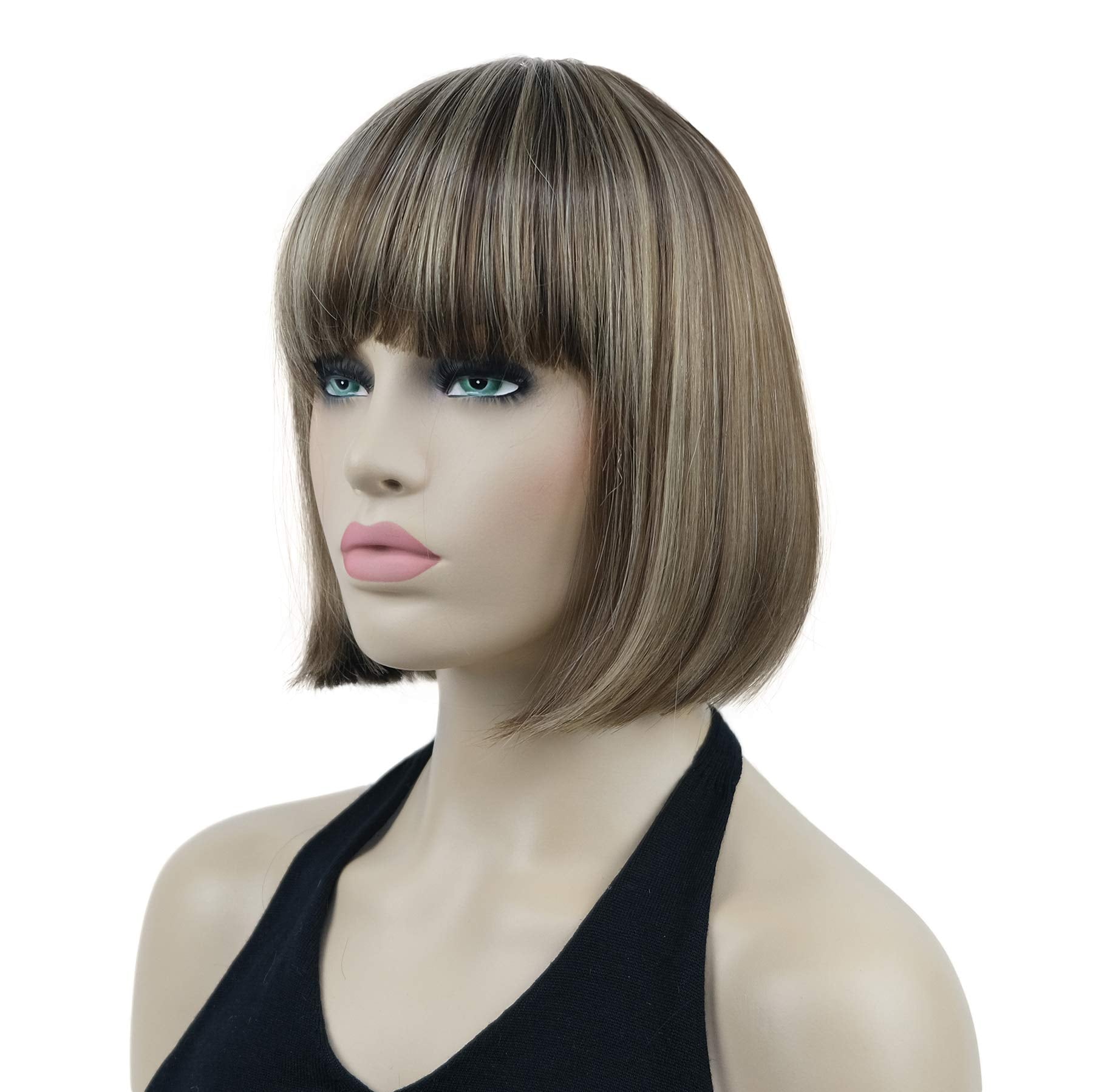 Lydell 8'' Straight Short Bob Hair Flat Bangs Cute Central Dot Skin Top Heat Resistant Synthetic Wigs (Ab607)