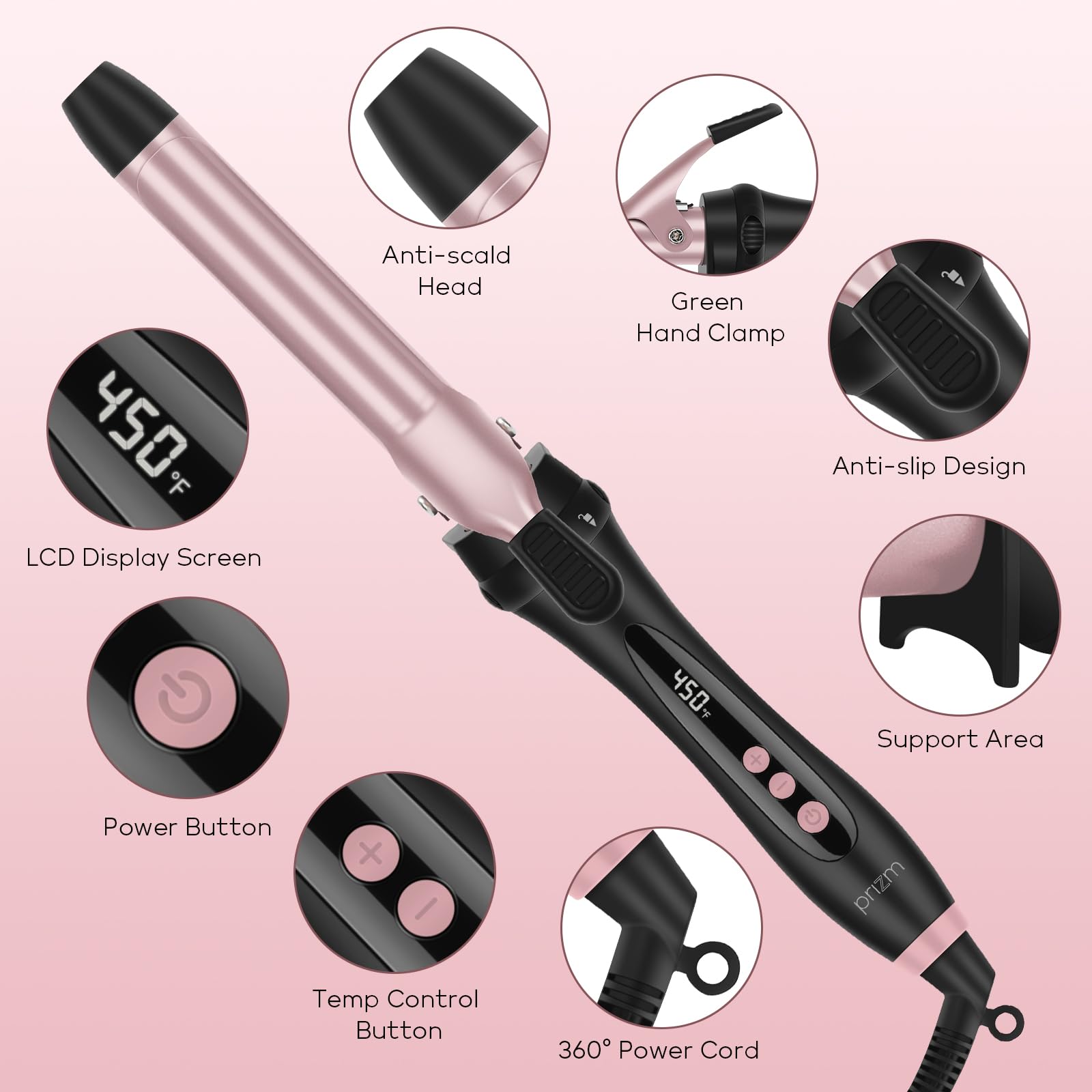 Prizm Curling Iron Set With Clamp,5 Interchangeable Barrel Curling Wand,Hair Wand 11 Lcd Adjustable Temp,0.6 To 1.25 Inch,Bubble