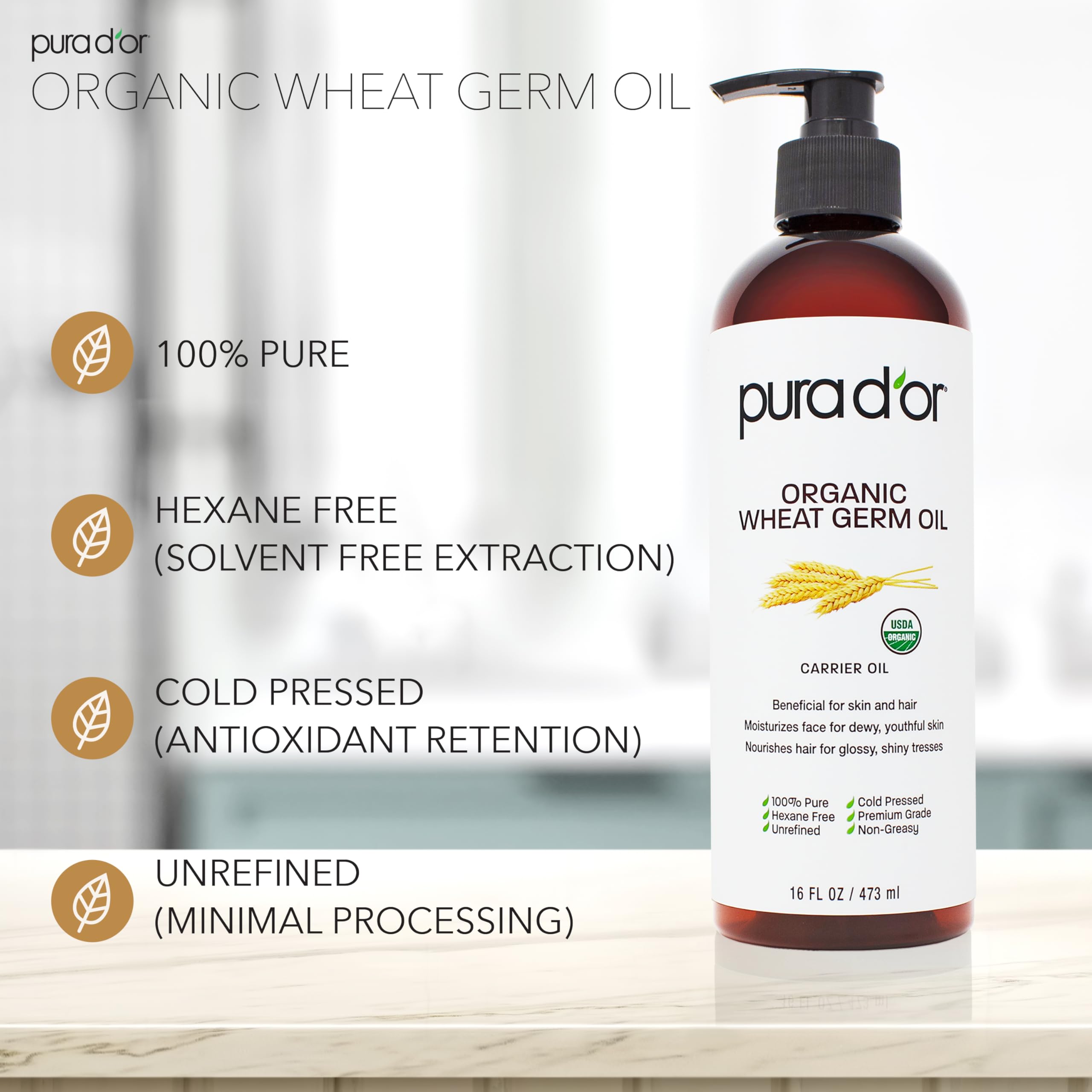 Pura D'Or Organic Wheat Germ Oil (16 Oz X2 = 32 Oz) 100% Pure & Natural Usda Certified Cold Pressed Carrier Oil - Vitamin E Rich
