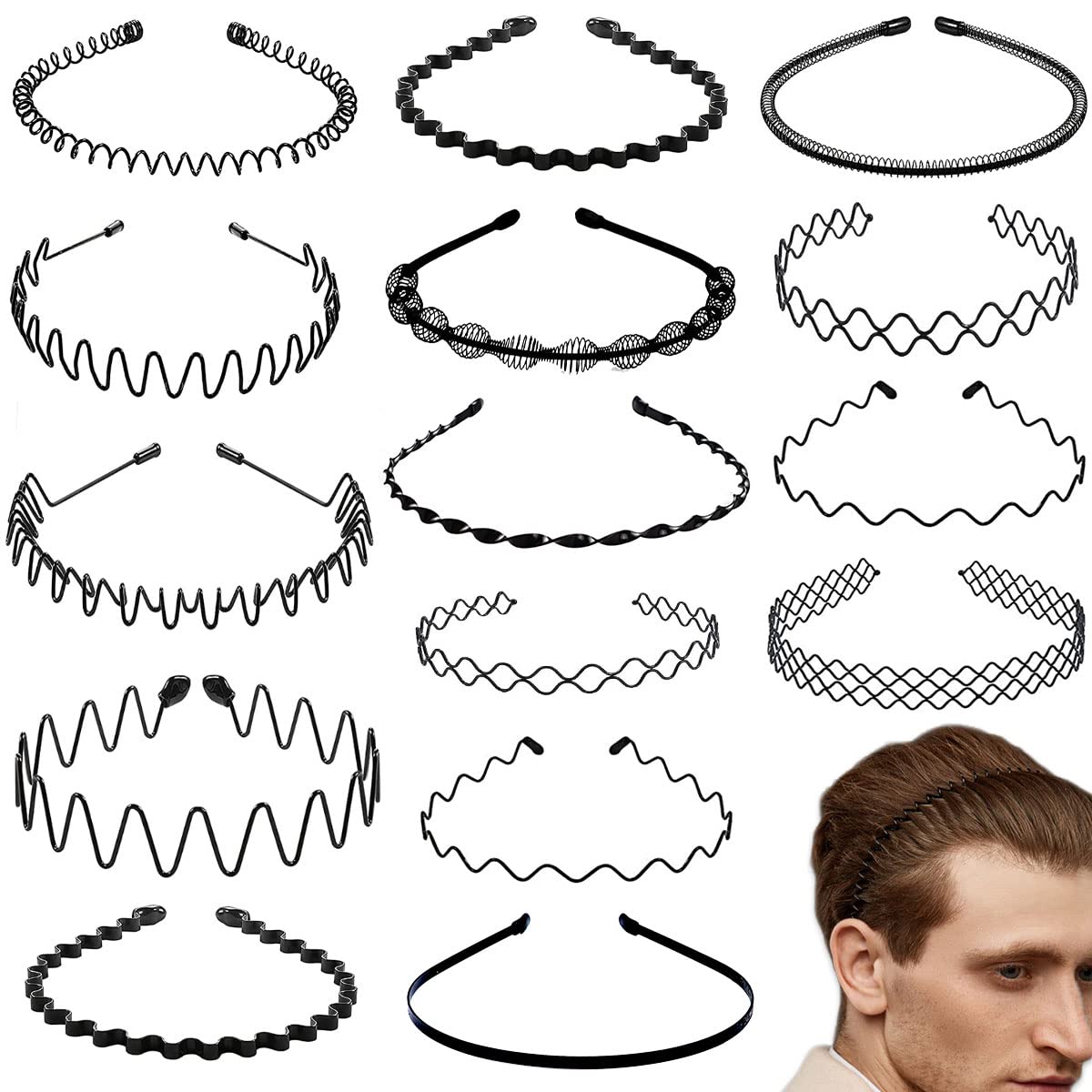 BOYIVI 15 Pieces Metal Headband for Men and Women Unisex Hair Band Adjustable Headbands Wavy Hair Accessories Non-slip Hair Hoop