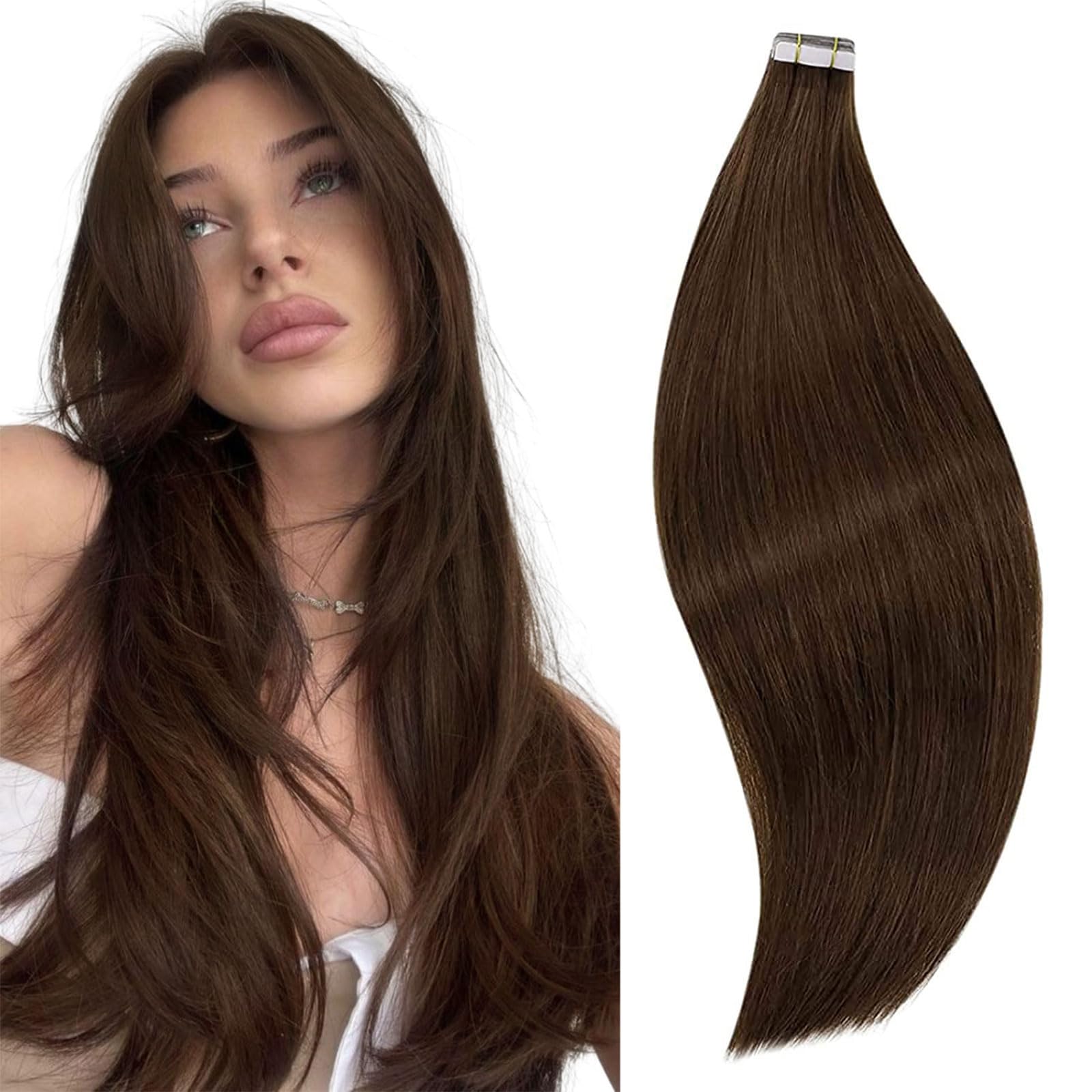 Runature 26 Inch Tape In Hair Extensions Human Hair Straight Tape In Extensions Brown Hair Seamless Skin Weft Pu Tape Ins Human