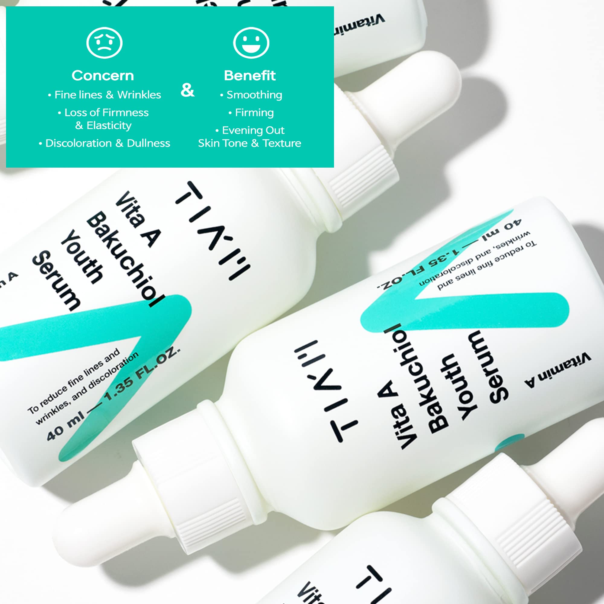 TIAM Vita A Bakuchiol Youth Serum, Anti-Aging Facial Serum for Wrinkles, Dark Spots, Suitable for Sensitive Skin, 1.35 FL.OZ. /