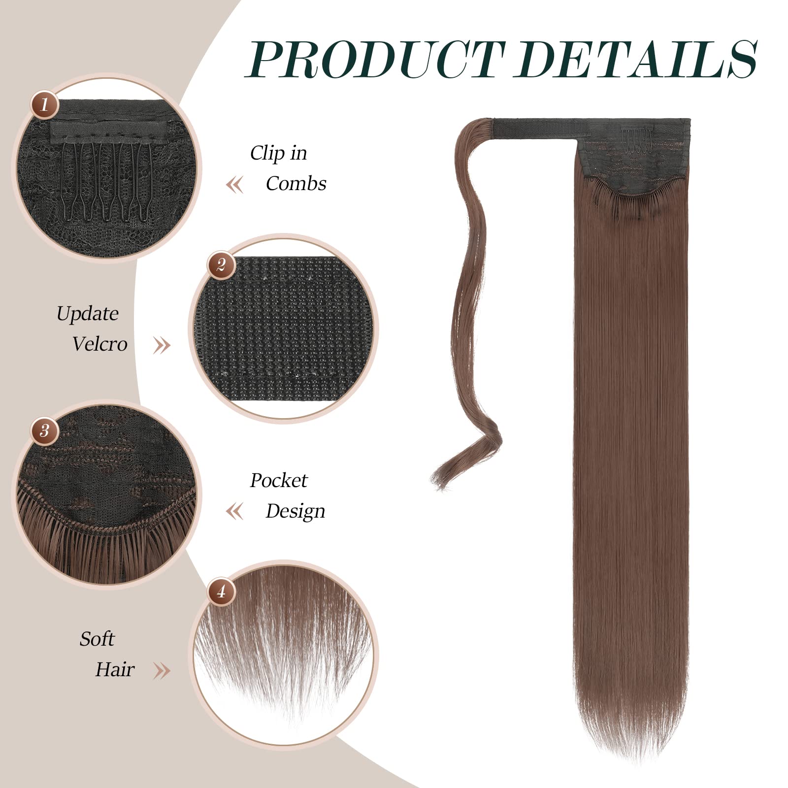 Feshfen Straight Long Ponytail Extensions 24 Inch Wrap Around Light Golden Brown Synthetic Ponytails Hair Piece Pony Tail Hair E
