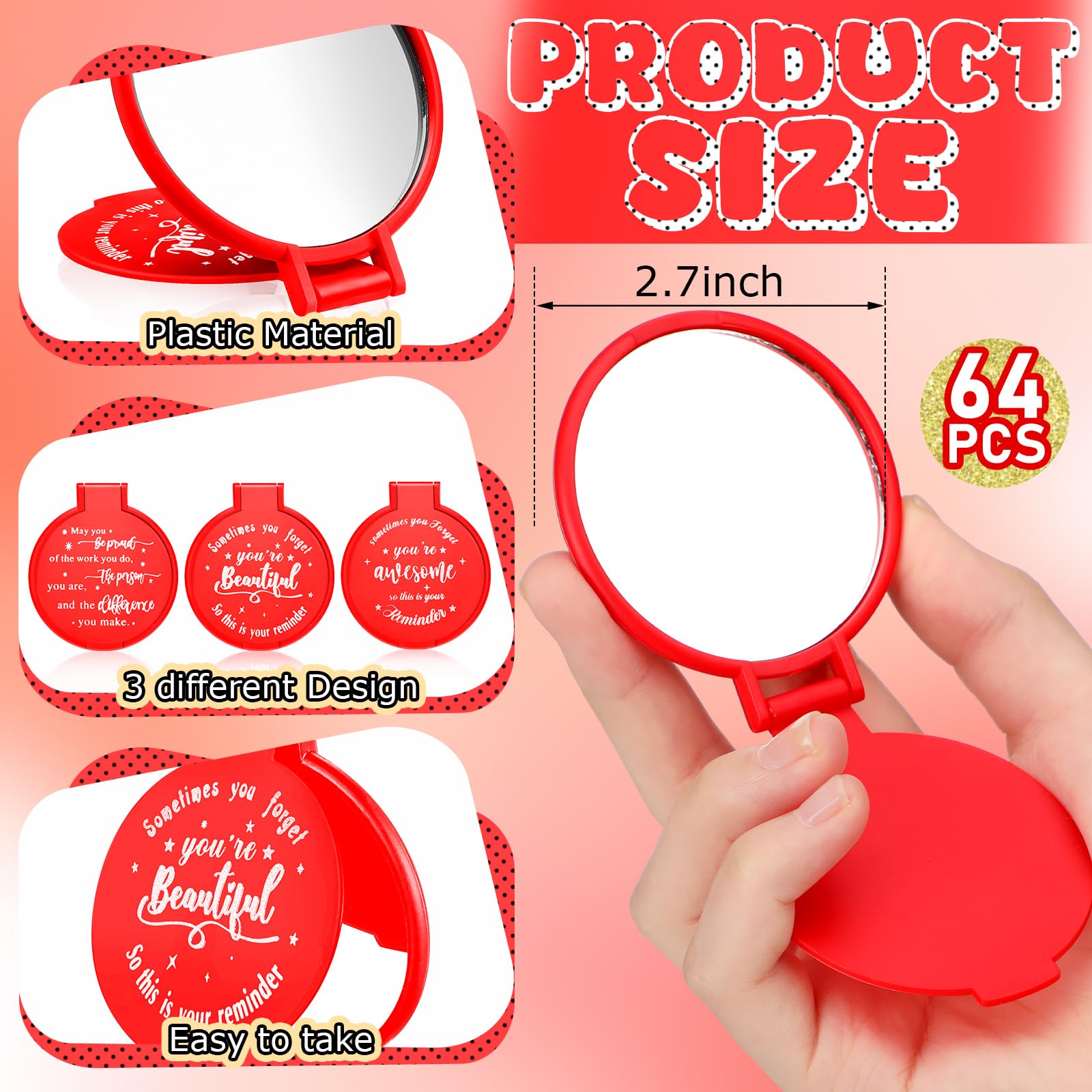 Wenqik 64 Pcs Compact Mirror Bulk Red Gifts For Women Valentine Small Inspirational Pocket Purse Handheld Mirror Portable Round