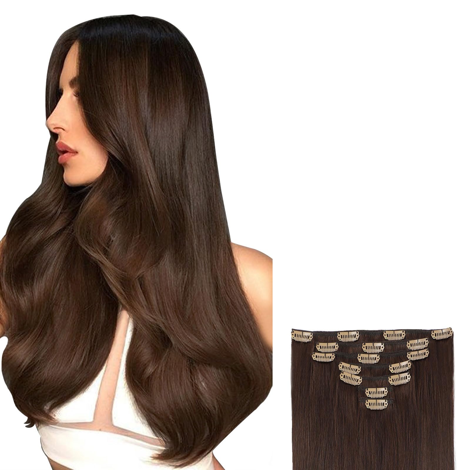 Befana Clip on Hair Extensions Brown,100% Real Human Hair,20inch 7Pcs 90g #4 Medium Brown Straight Silky Hair Extensions For Wom