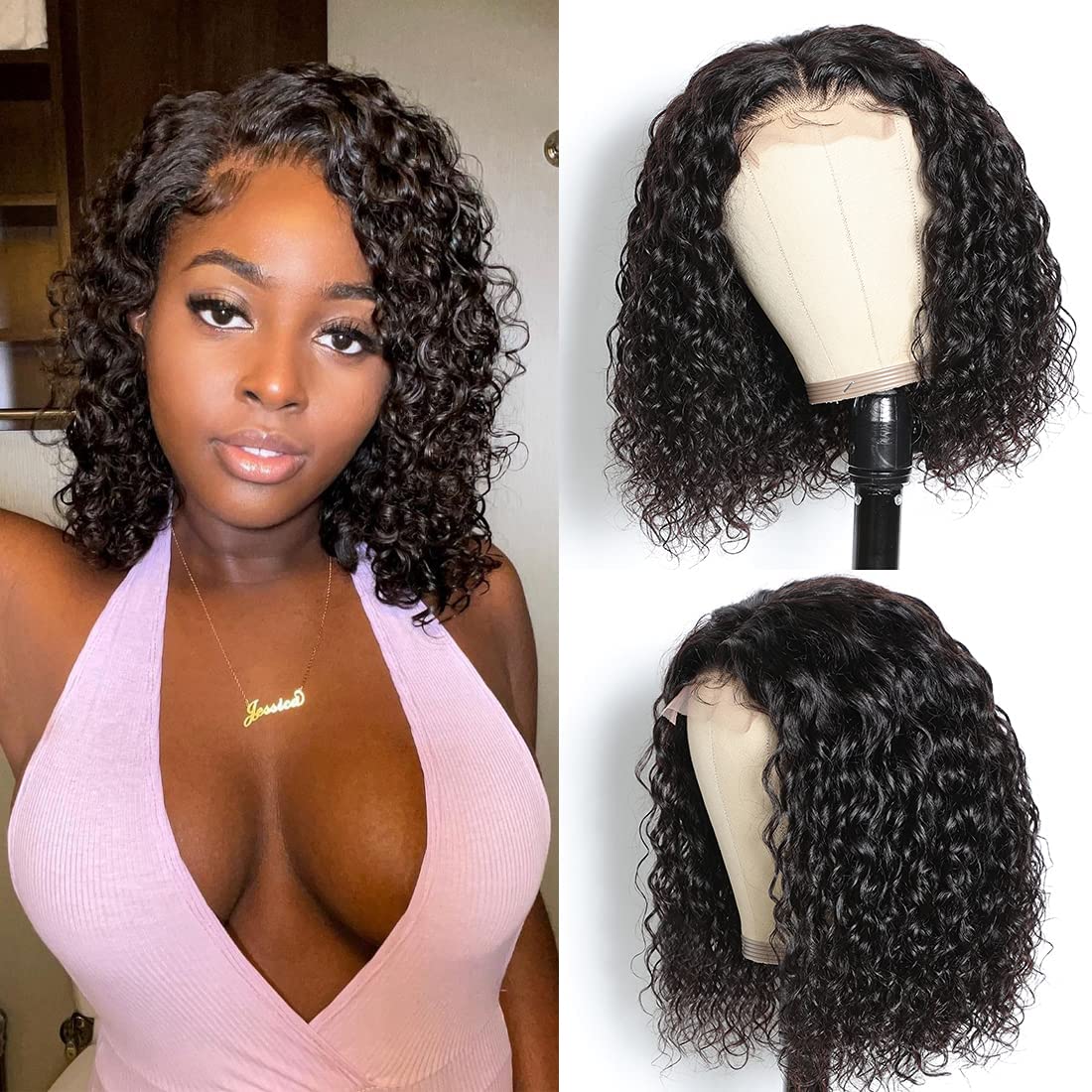 Recomtic Bob Wigs Human Hair Wet And Wave Lace Front Short Curly Wigs For Black Women Water Wave 4X4 Closure Wigs Human Hair Wit