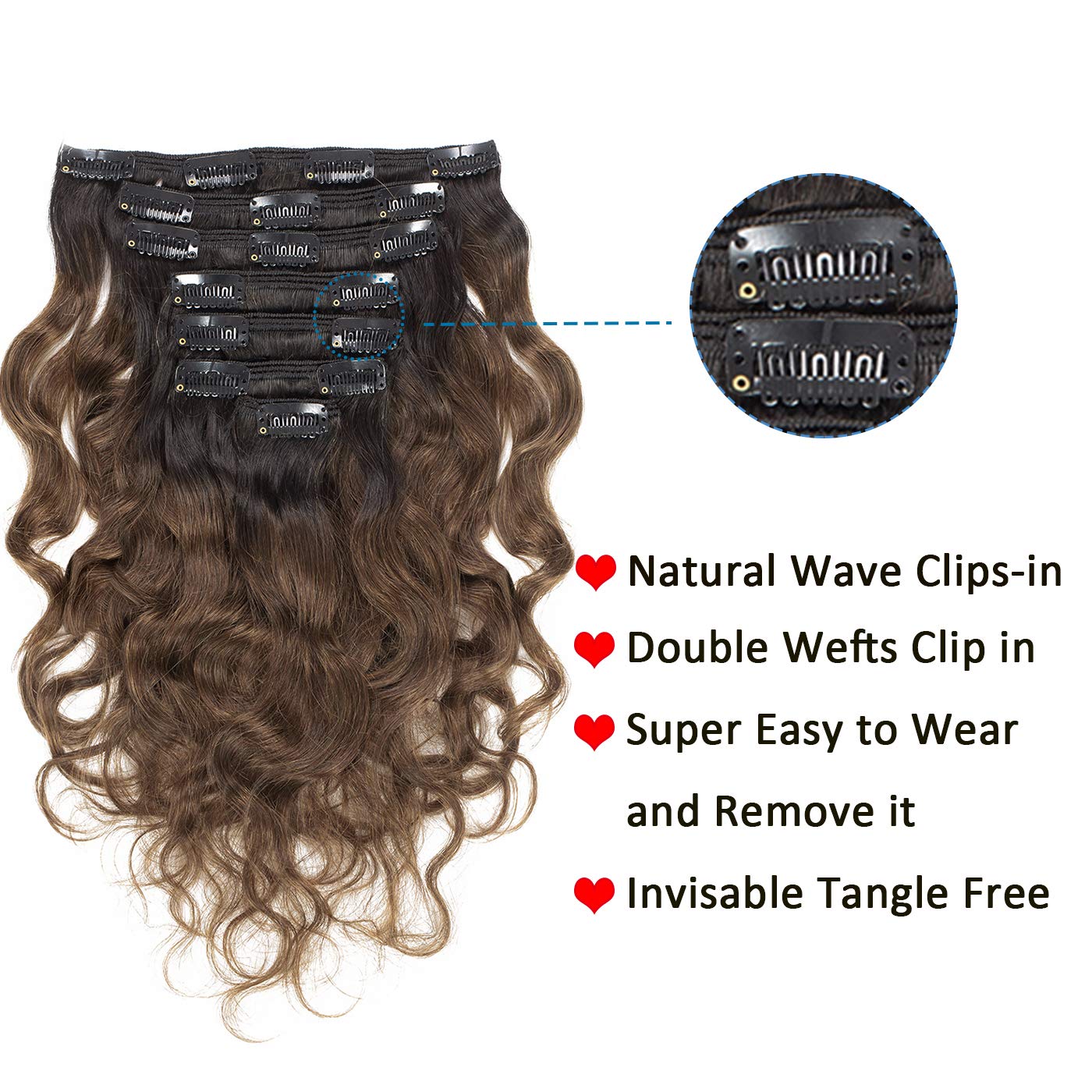 Anrosa Double Weft Human Hair Natural Wave #1B Natural Black Color Fading To #4 Dark Brown Color Clip In 22 Inch Hair Extension