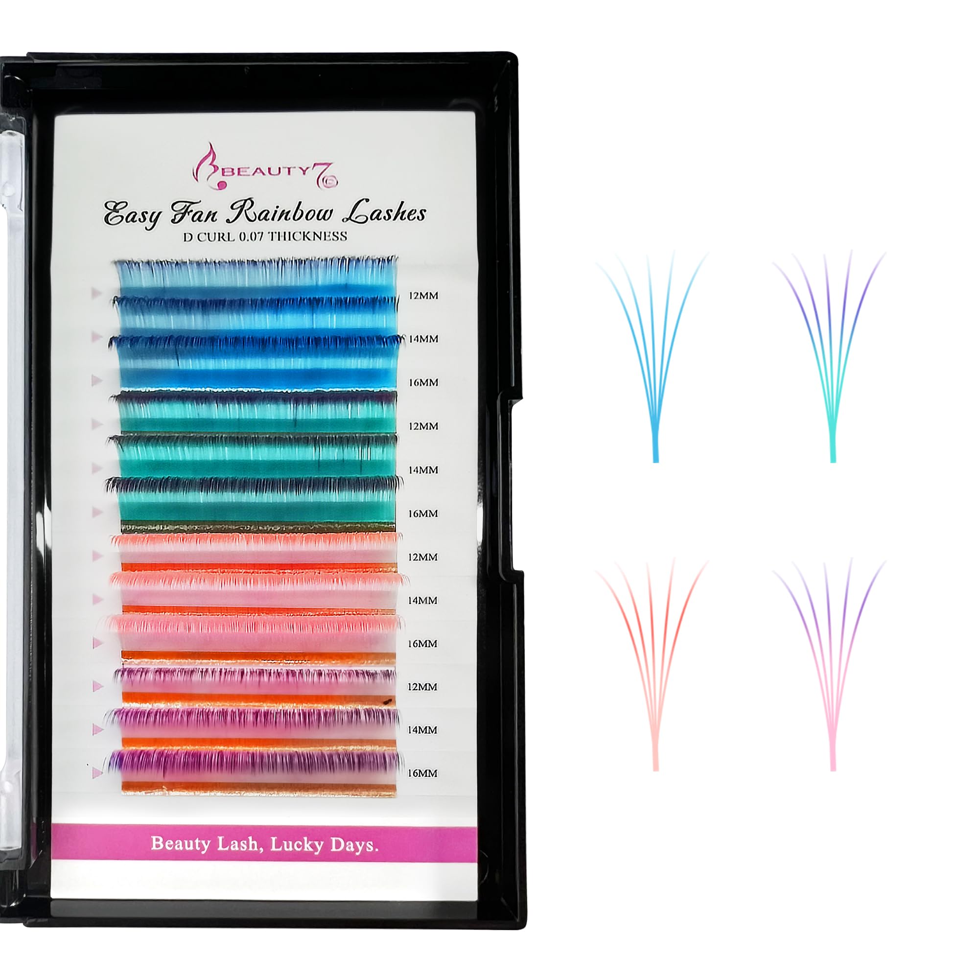 Beauty7 Colored Lash Ombre Lash Extensions Rainbow Lashes Easy Fan Lashes Self Fanning D Curl 0.07mm Thickness 12mm 14mm 16mm Mi
