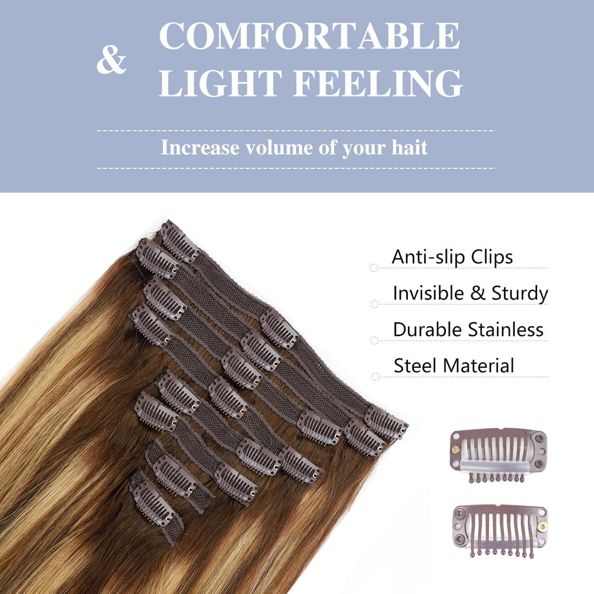 Pobokix Balayage Clip In Hair Extensions Real Human Hair Straight Human Hair Clip Ins For Women, Natural Soft Remy Human Hair, 8