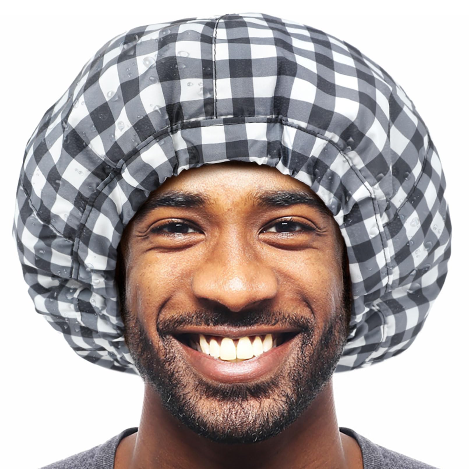 Shower Cap For Men Black White Plaid Bath Cap, Reversible Large Waterproof Adjustable Shower Caps Terry Lining & Elastic Band St