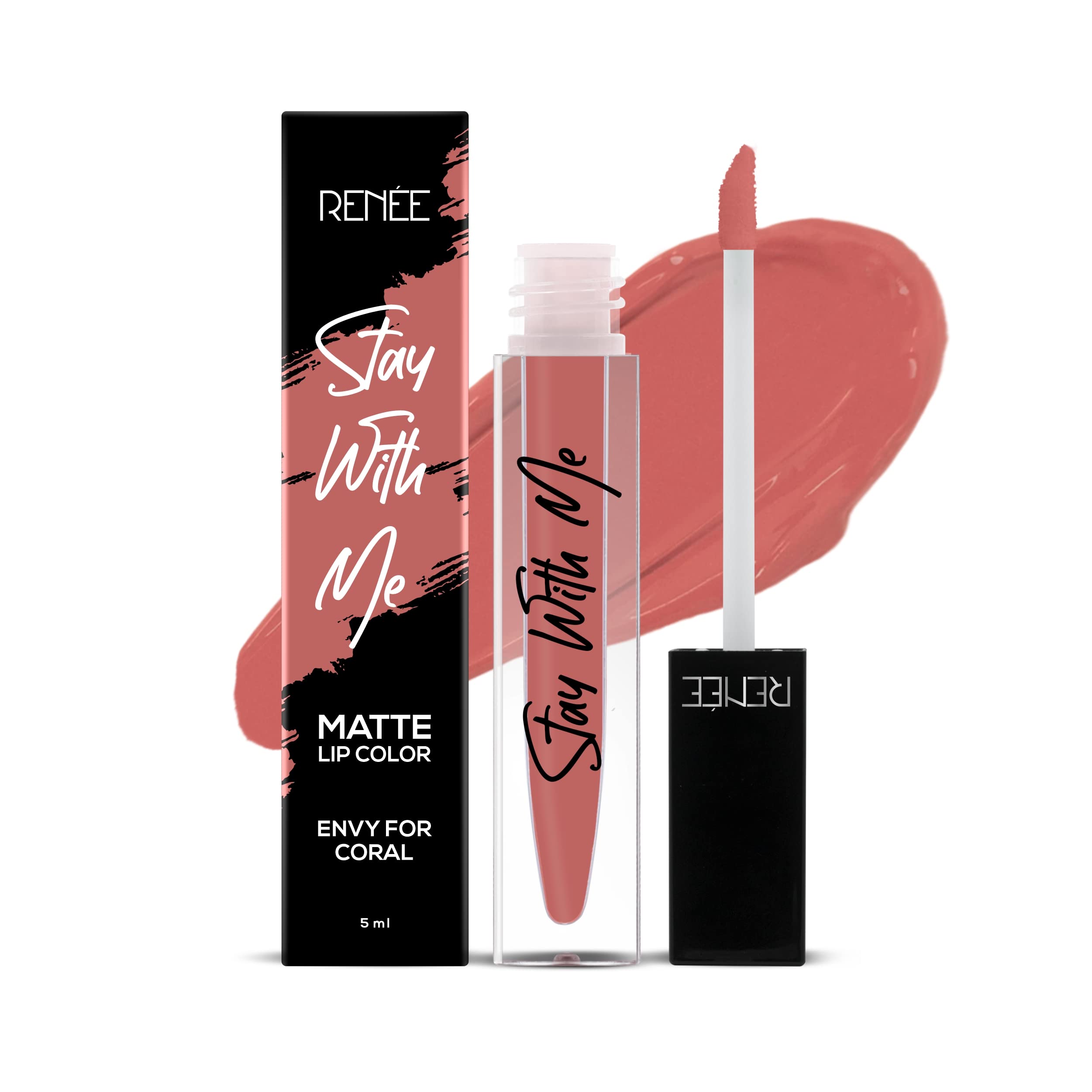 Renee Stay With Me Matte Lipstick - Envy For Coral L Transfer Proof, Smudge & Waterproof | Long Stay L Highly Pigmented L Velvet