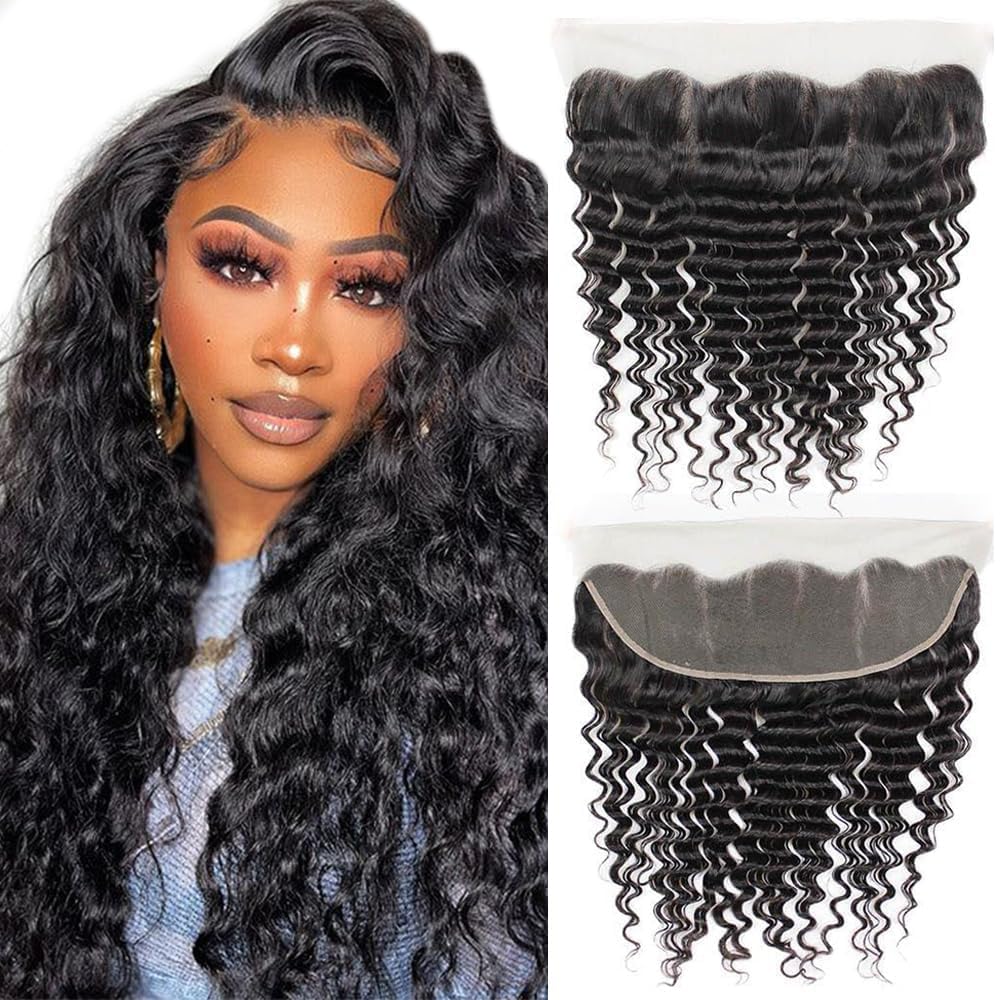QTHAIR 14A Brazilian Virgin Hair Deep Wave Human Hair Frontal(16'',13x4 Frontal,#1b Natural Black) 13x4 Transparent HD Lace Fron