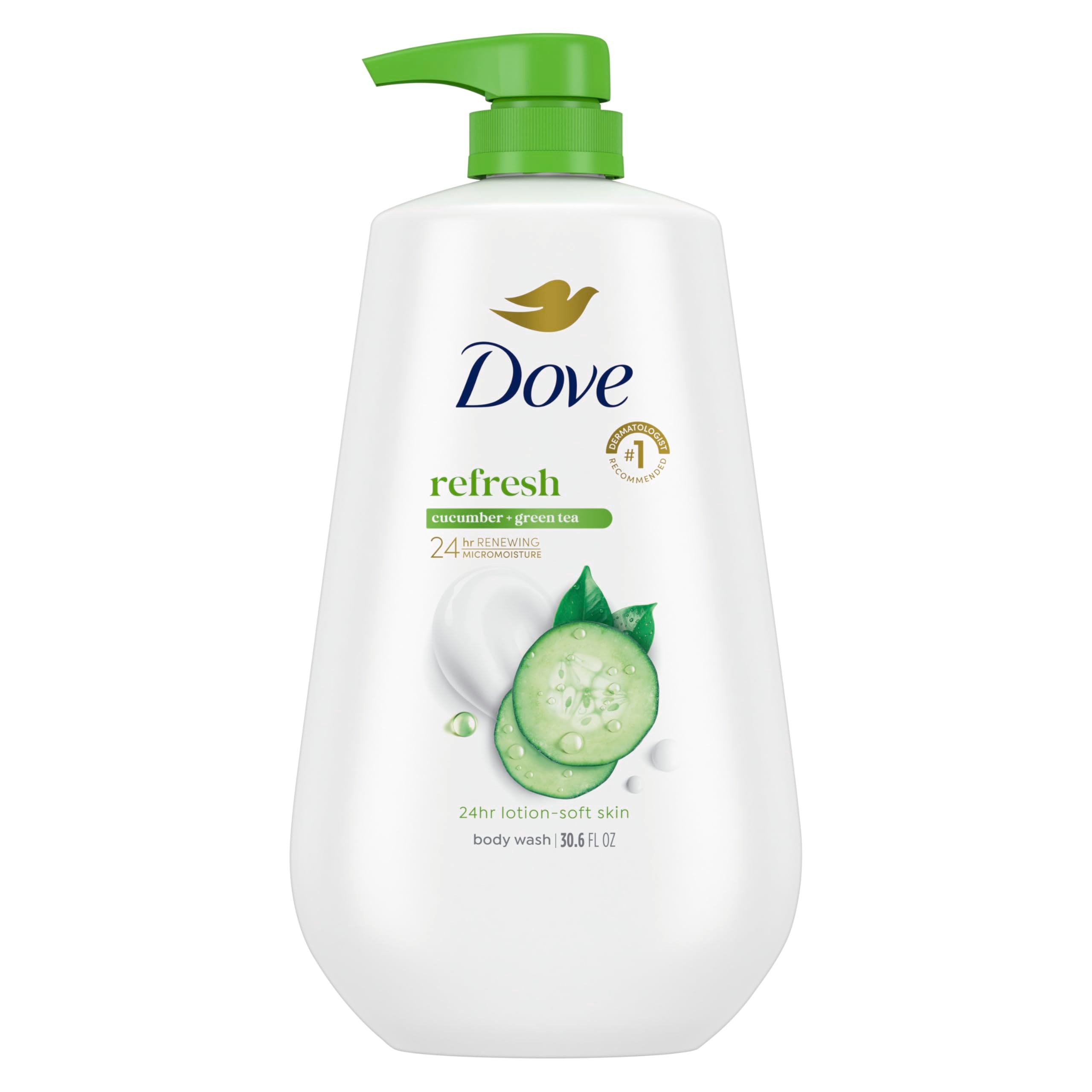 Dove Body Wash with Pump Refresh Cucumber and Green Tea for 24hr Lotion-Soft Skin Moisturizing Skin Cleanser with No Sulfates No