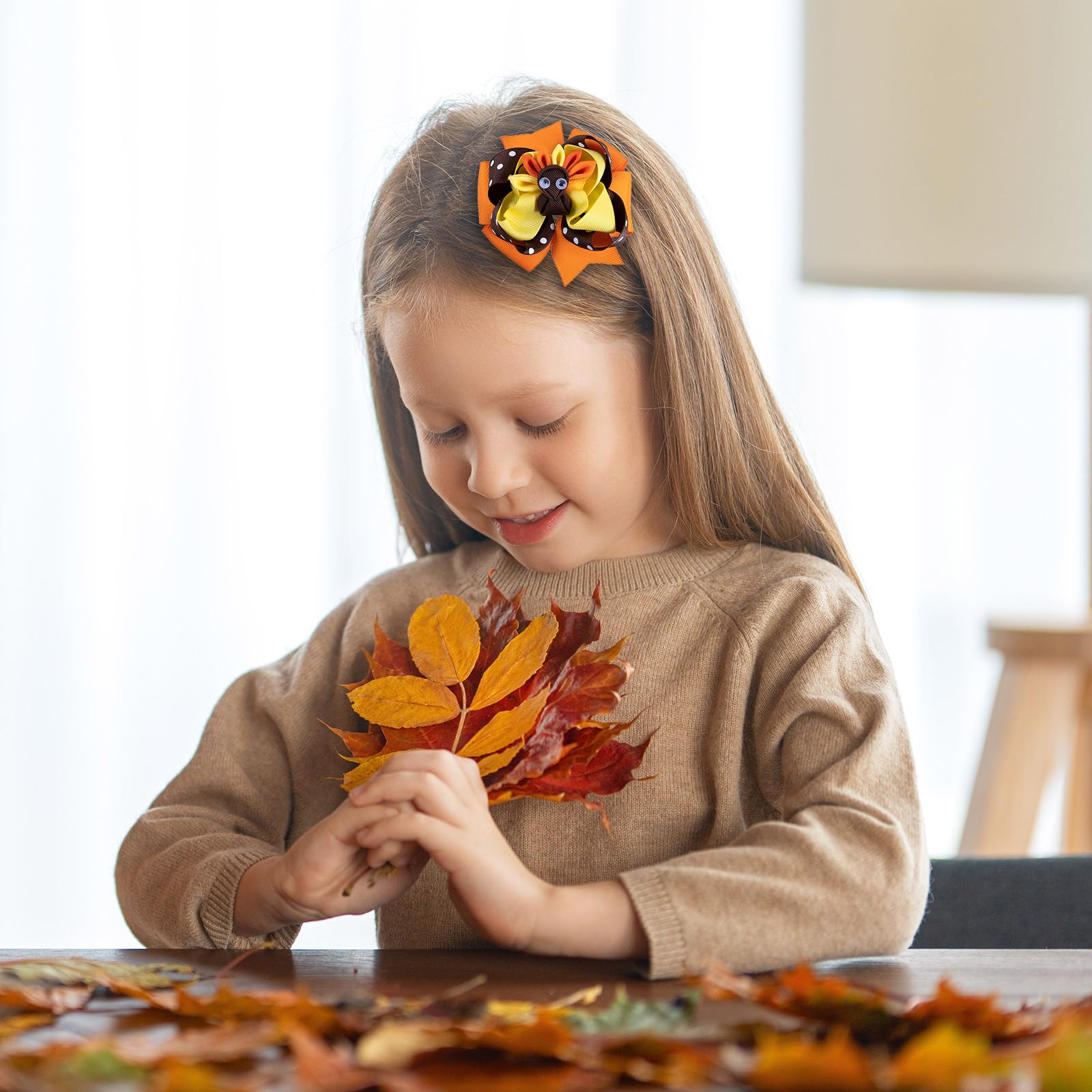 2Pcs Turkey Hair Bows Clip 4'' Cute Fall Thanksgiving Day Outfit Decor Accessories Ribbon Alligator Hairpins Cheer Barrette Todd
