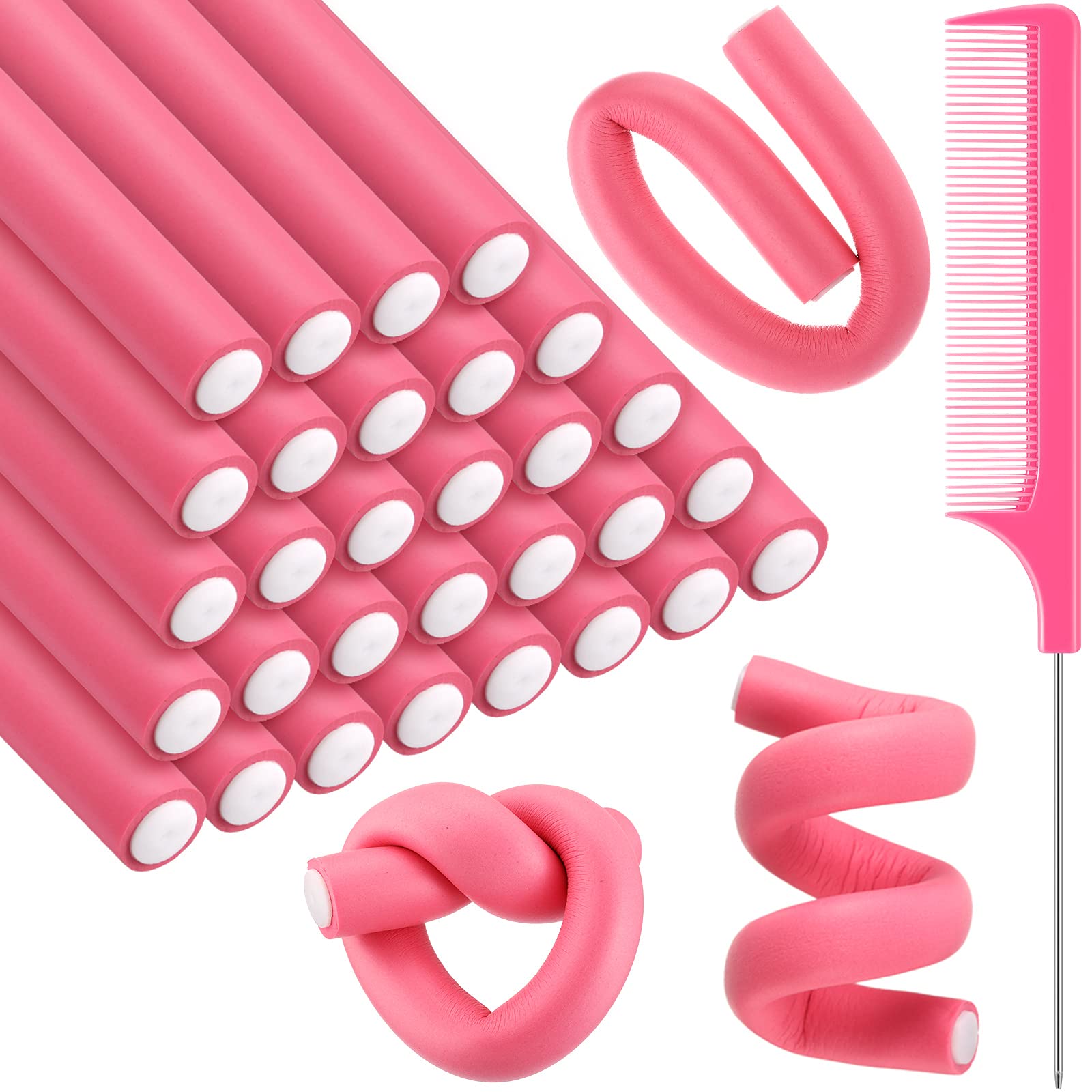 30 Pieces Flexible Curling Rods Twist Foam Hair Rollers Soft Foam No Heat Hair Rods Rollers and 1 Steel Pintail Comb Rat Tail Co