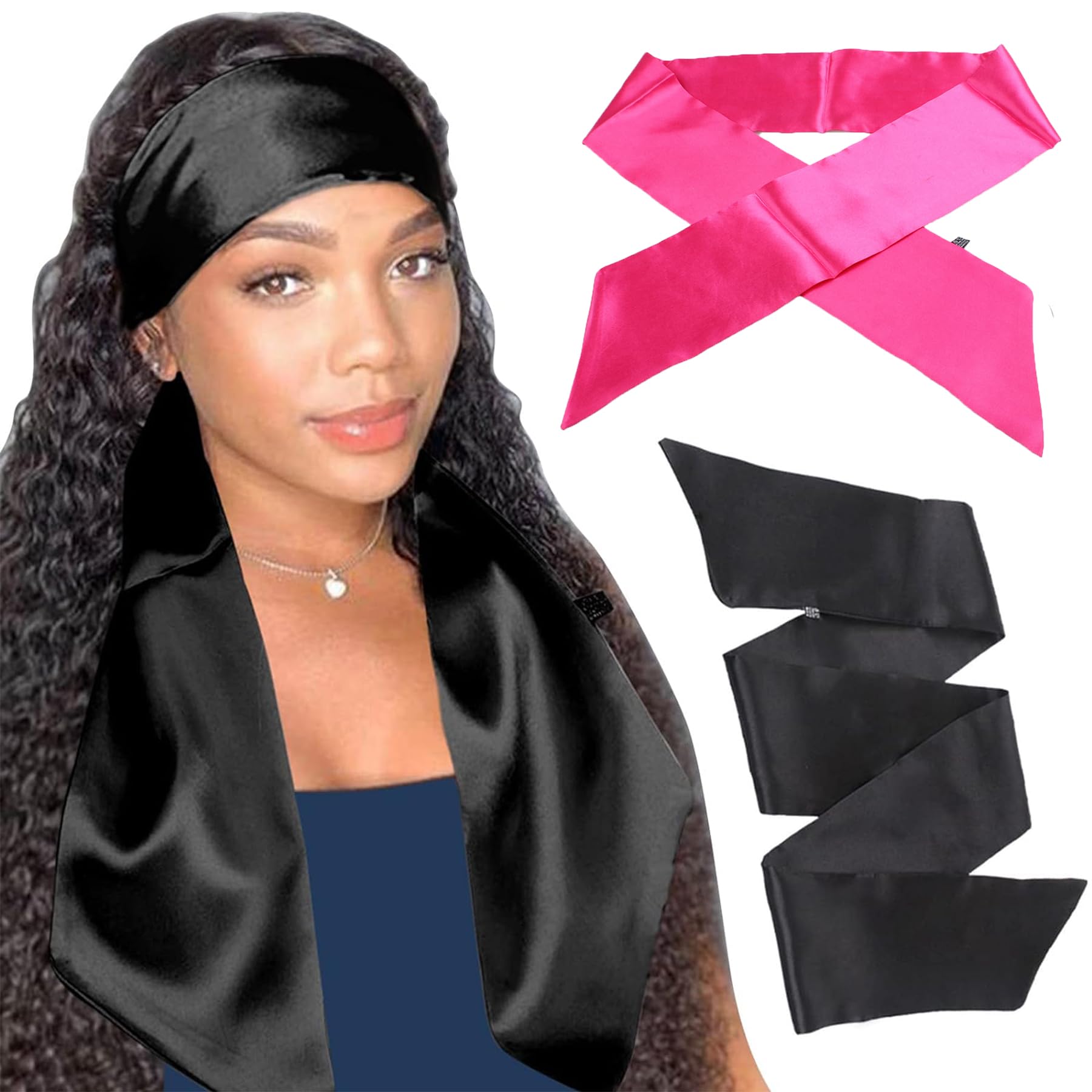 XTREND 2Pcs Satin Edge Scarves for Wig 58 Inch Women's Laying Scarf for Lace Wig Non Slip Hair Wrap Wigs Grip Band for Yoga, Mak