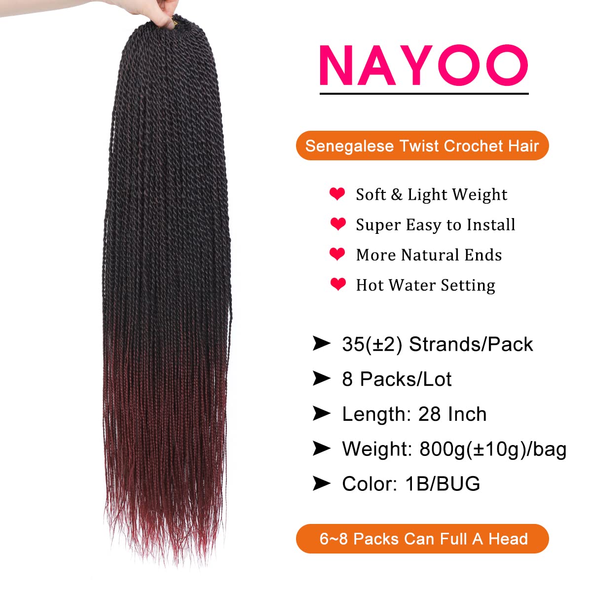 Nayoo Crochet Hair Senegalese Twist 28 Inch 8 Packs Small Crochet Hair For Braiding, 35 Strands/Pack Crochet Braids Hair For Bla