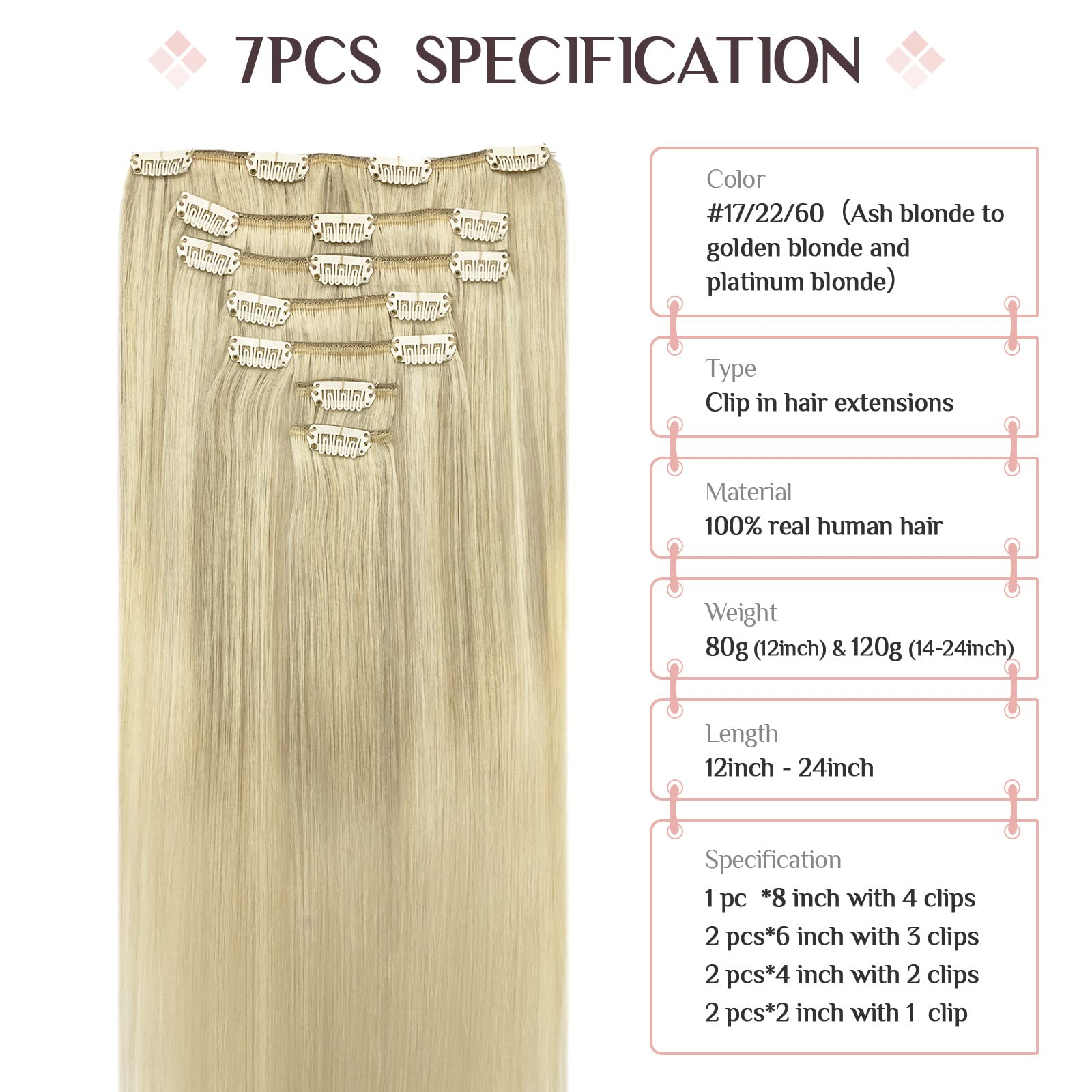 Hair Extensions Clip In Human Hair, 120G 7Pcs Ash Blonde To Golden Blonde And Platinum Blonde 14 Inch, Maxita Real Hair Extensio