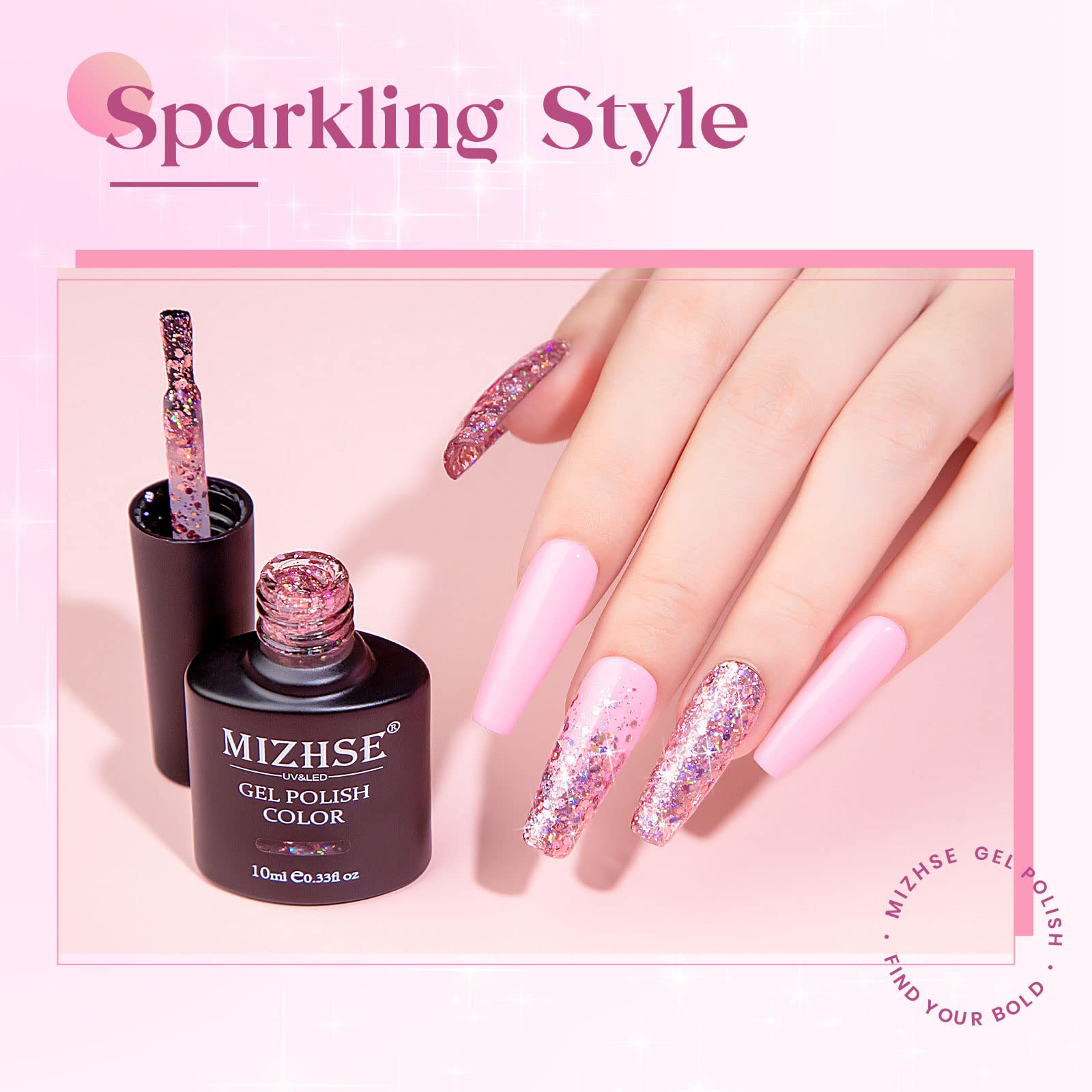 Mizhse Glitter Gel Nail Polish Pink Sparkly Diamond Holographic Effect Soak Off Uv Led Nail Gel Polish Chunky Gel Home Diy Nail