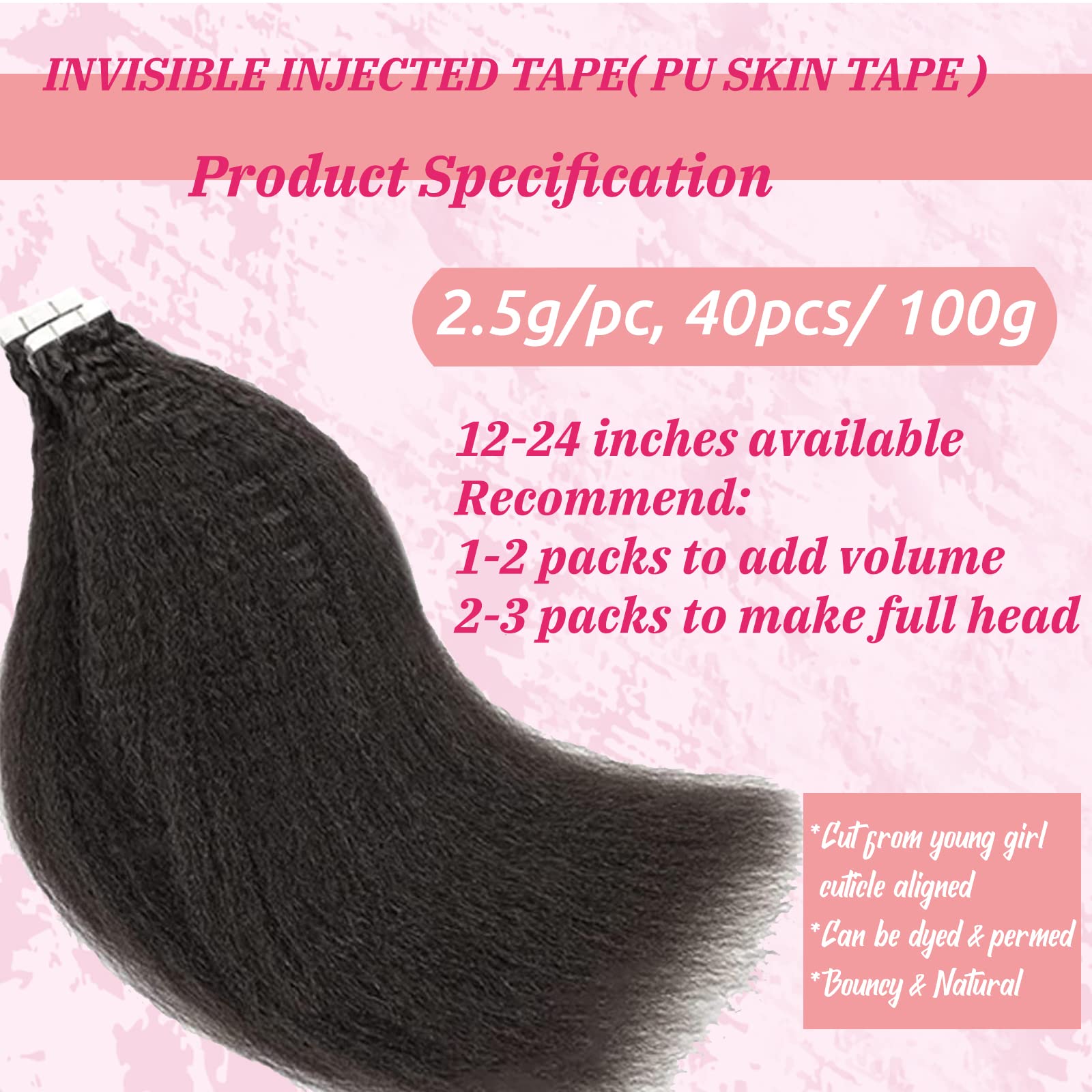 Kinky Straight Tape In Human Hair Extensions For Black Women,Kinky Straight 100% Real Human Hair Tape In Natural Black 40Pcs 100