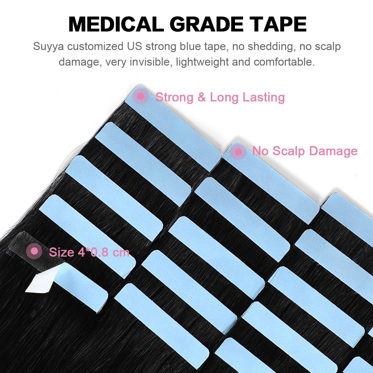 Suyya Tape In Hair Extensions Human Hair Black Straight 20 Pcs/Pack 50G Tape In Extensions 24 Inch Jet Black #1