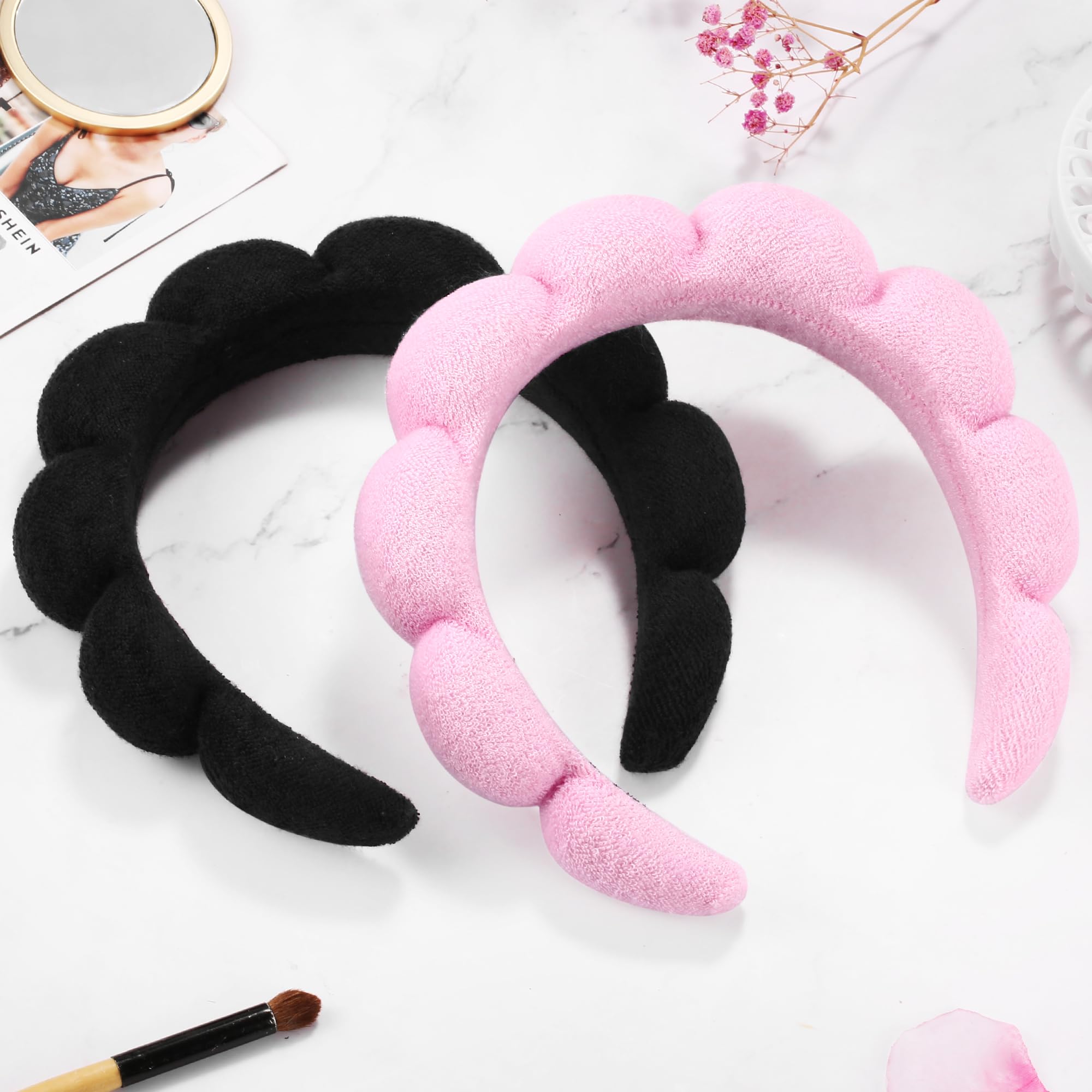 Ztomine Spa Headbands Set of 2 - Terry Cloth Makeup Headbands for Washing Face, Pink & Black, Model 01