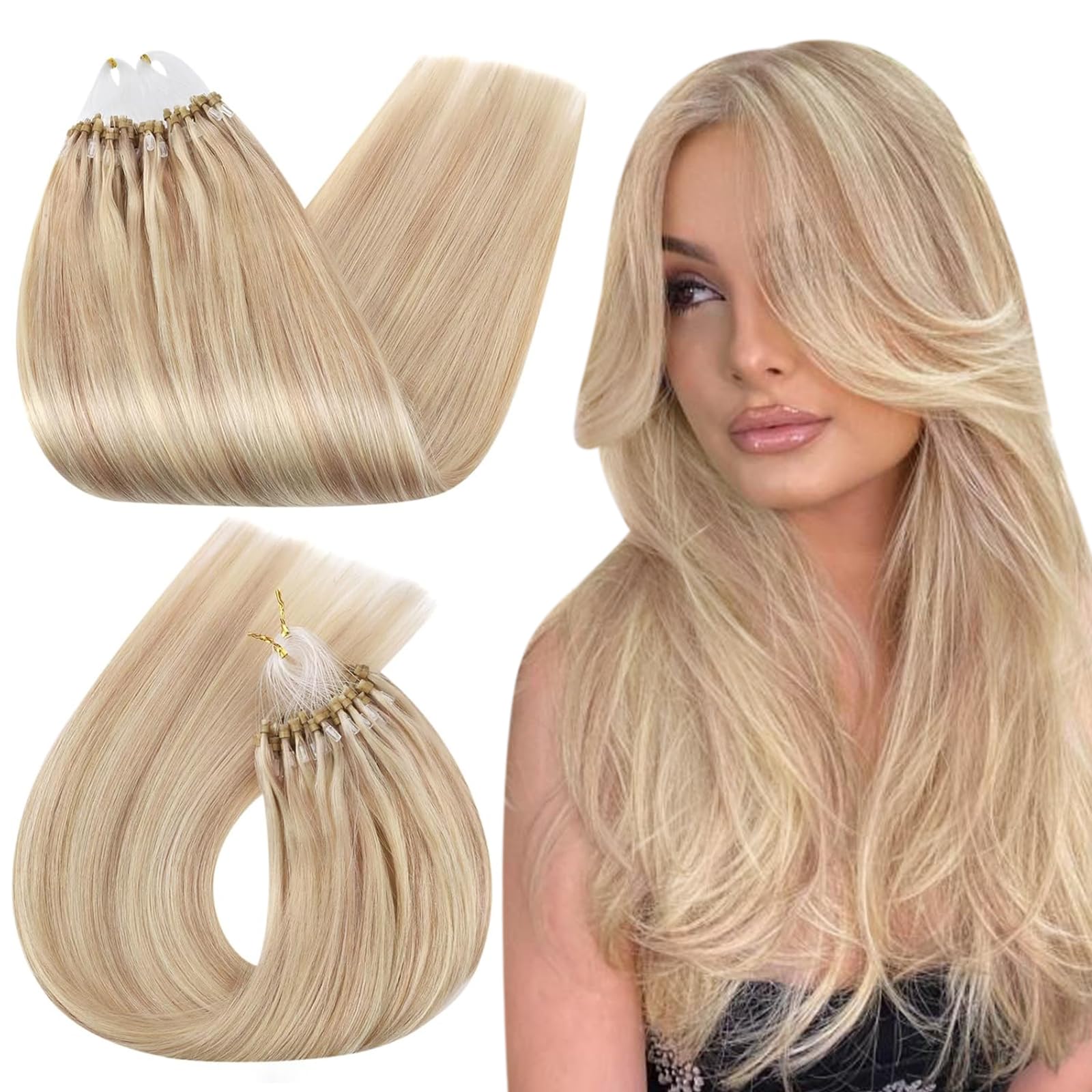 Ugeat Ash Blonde Micro Hair Extensions Real Human Hair Ash Blonde Mix Bleach Blonde Micro Link Hair Extensions Soft Straight Hai