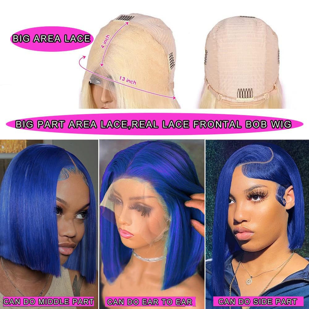 Pre Plucked 13X4 Straight Blue Bob Wig Human Hair Hd Lace Frontal Wigs With Baby Hair Natural Hairline 100% Unprocessed Human Ha