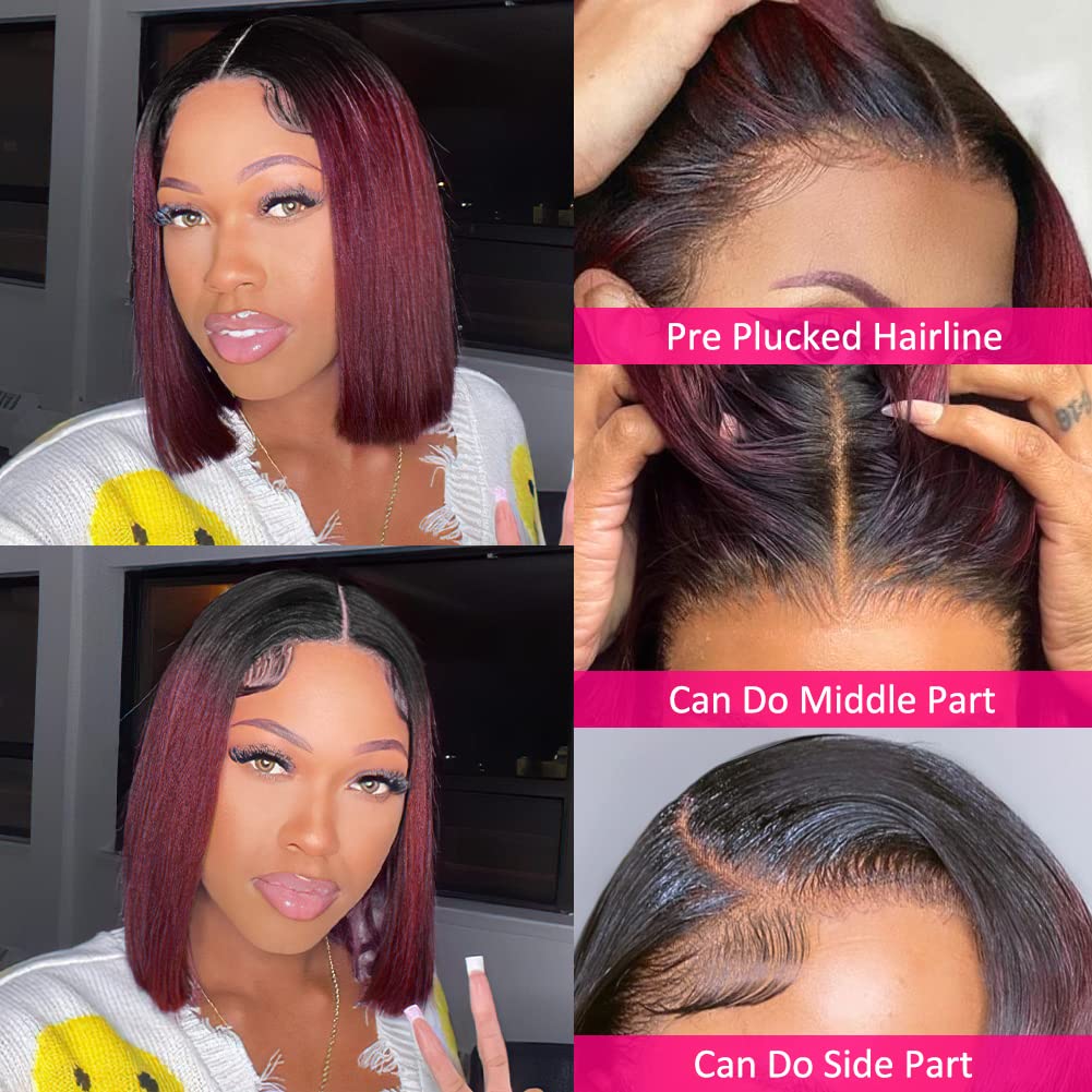 Flady 12 inch 1B Burgundy Bob Wig Human Hair 13x4 Frontal Lace Wig 1B 99j Burgundy HD Lace Front Wigs Human Hair Pre Plucked Wit