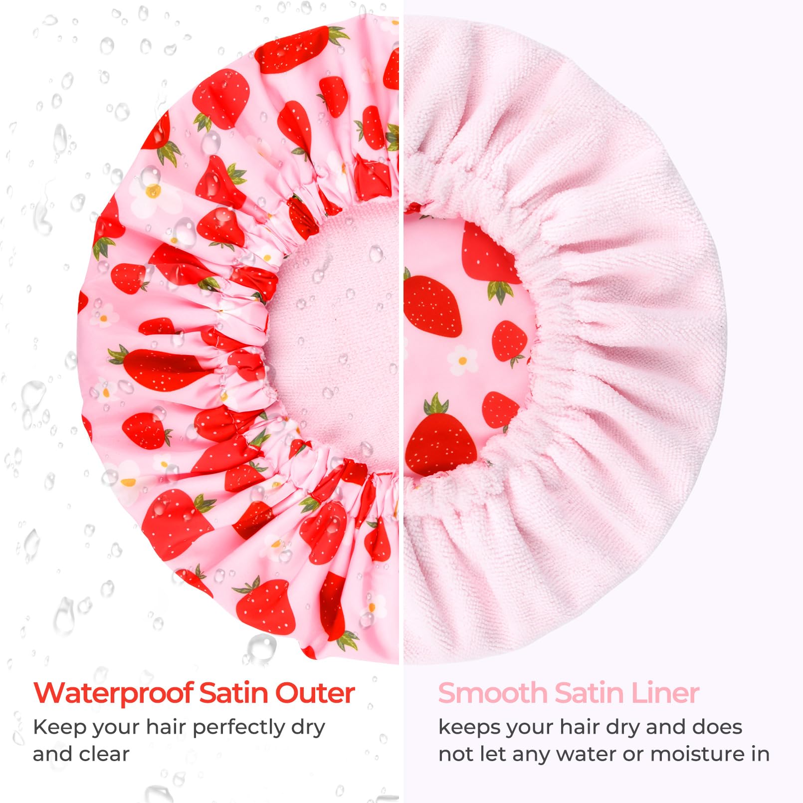 Shower Cap For Women Terry Lined Bath Cap Large Reusable Waterproof Elastic Band Pink Strawberry Shower Caps For Long Thick Hair