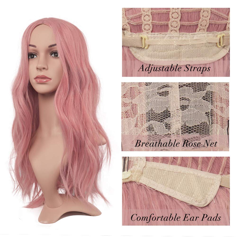 Feshfen Long Pink Wigs For Women 22 Inch Curly Wavy Full Wig Middle Parting Wigs Natural Looking Synthetic Wig Extensions For Da
