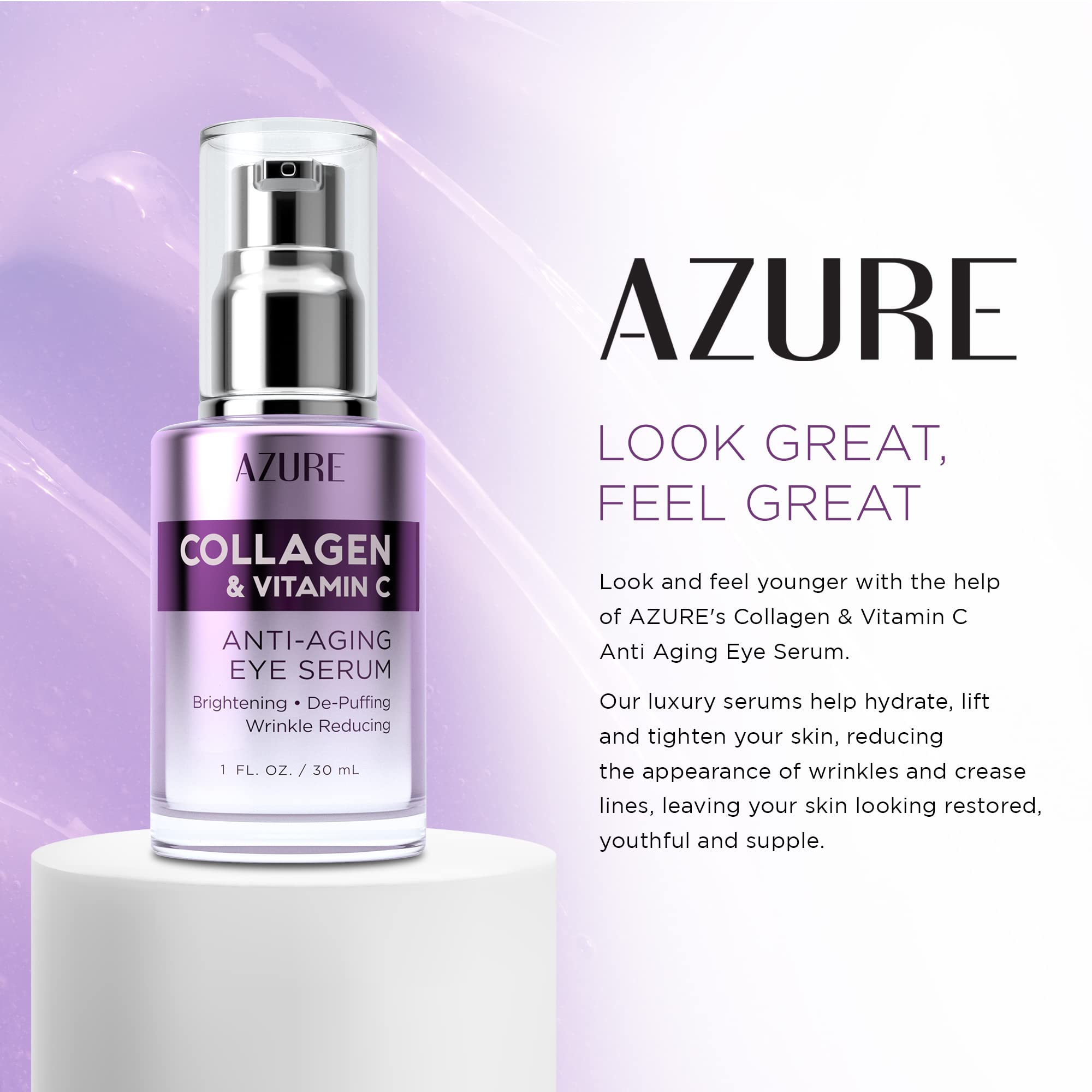 Azure Collagen & Vitamin C Anti Aging Eye Serum - Toning, De-Puffing & Brightening Serum - Reduces Wrinkles, Fine Lines & Dark C