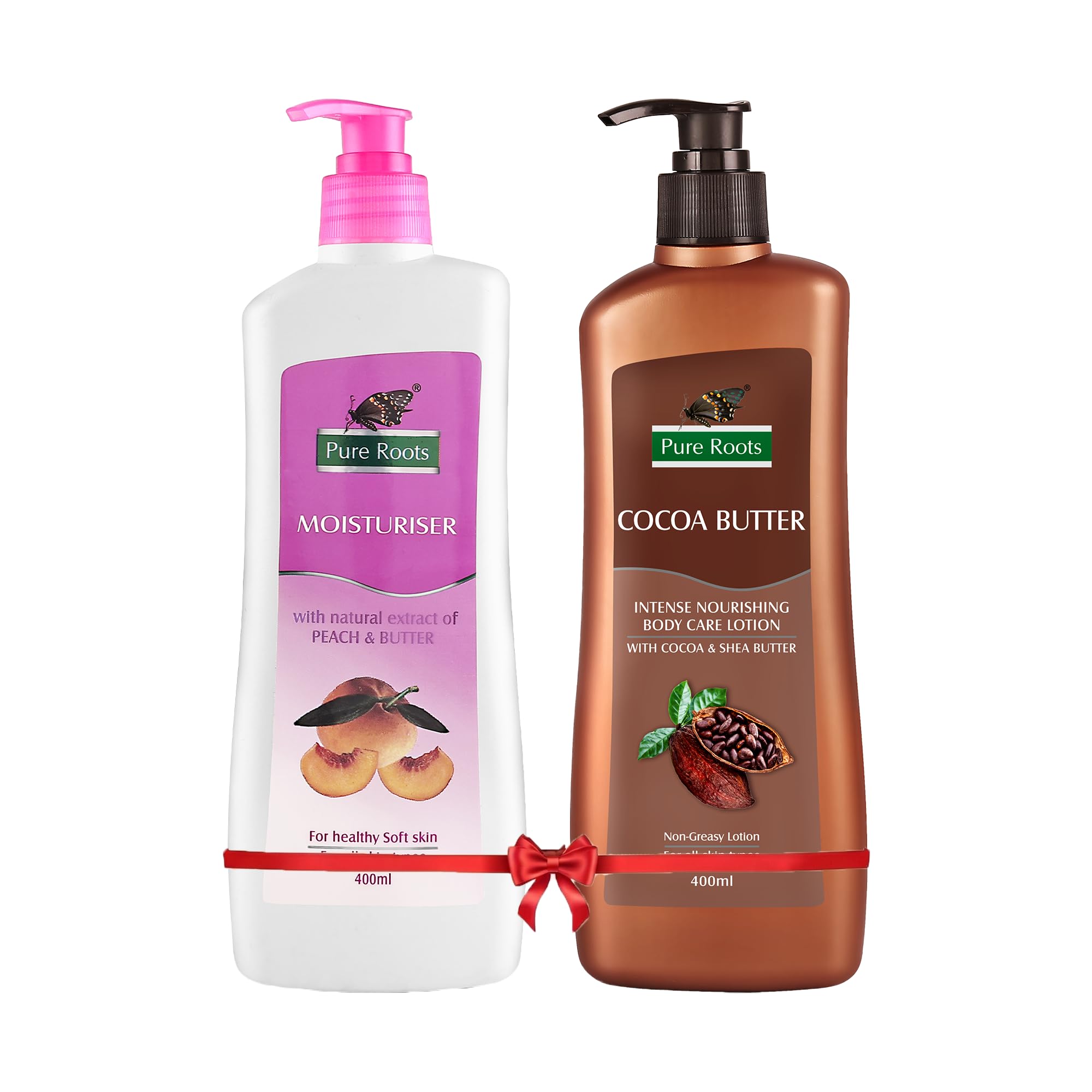 Pure Roots Body Lotion Combo 400Ml X2  Peach & Butter + Cocoa Butter | Moisturizer For All Skin Types, Fast | Absorbing, NonSt