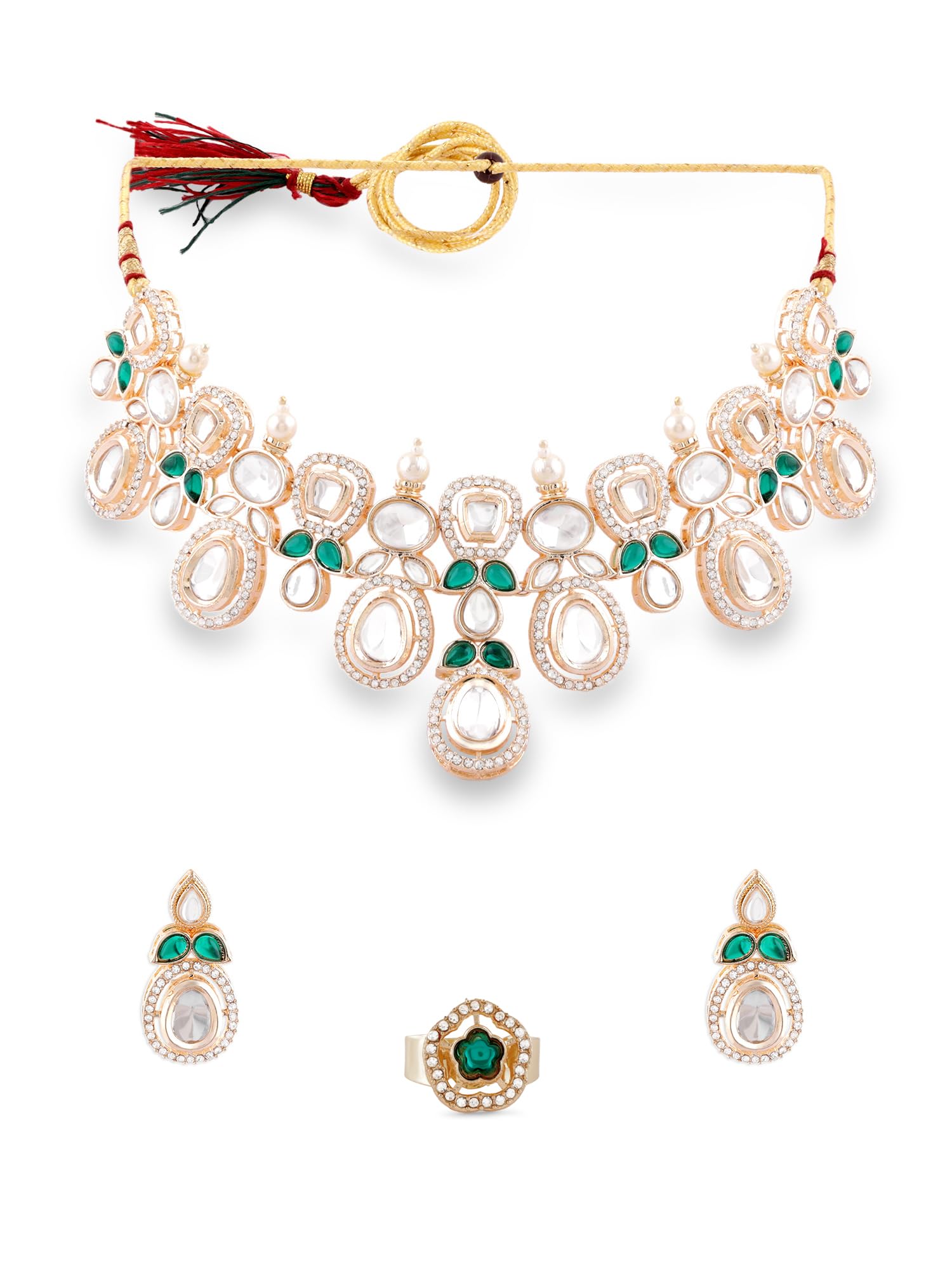 Zaveri Pearls Green Stones Dazzling Austrian Diamonds Rajwada Necklace, Earring & Ring Set For WomenZpfk17287