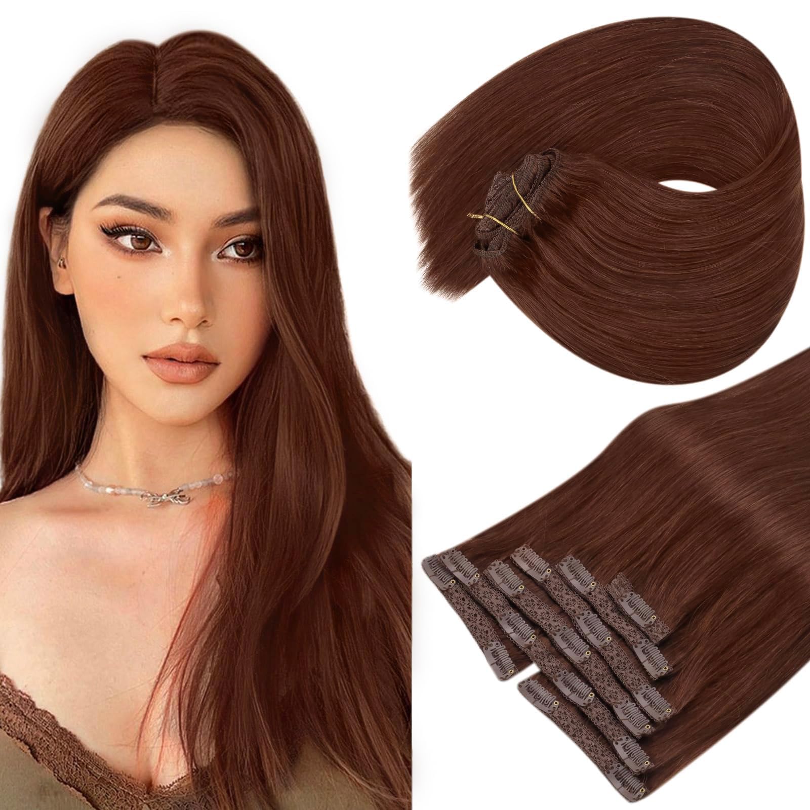Sunny Human Clip in Hair Extensions Auburn Real Hair Extensions Clip in Human Hair Dark Auburn Hair Extensions Clip in Auburn Ha