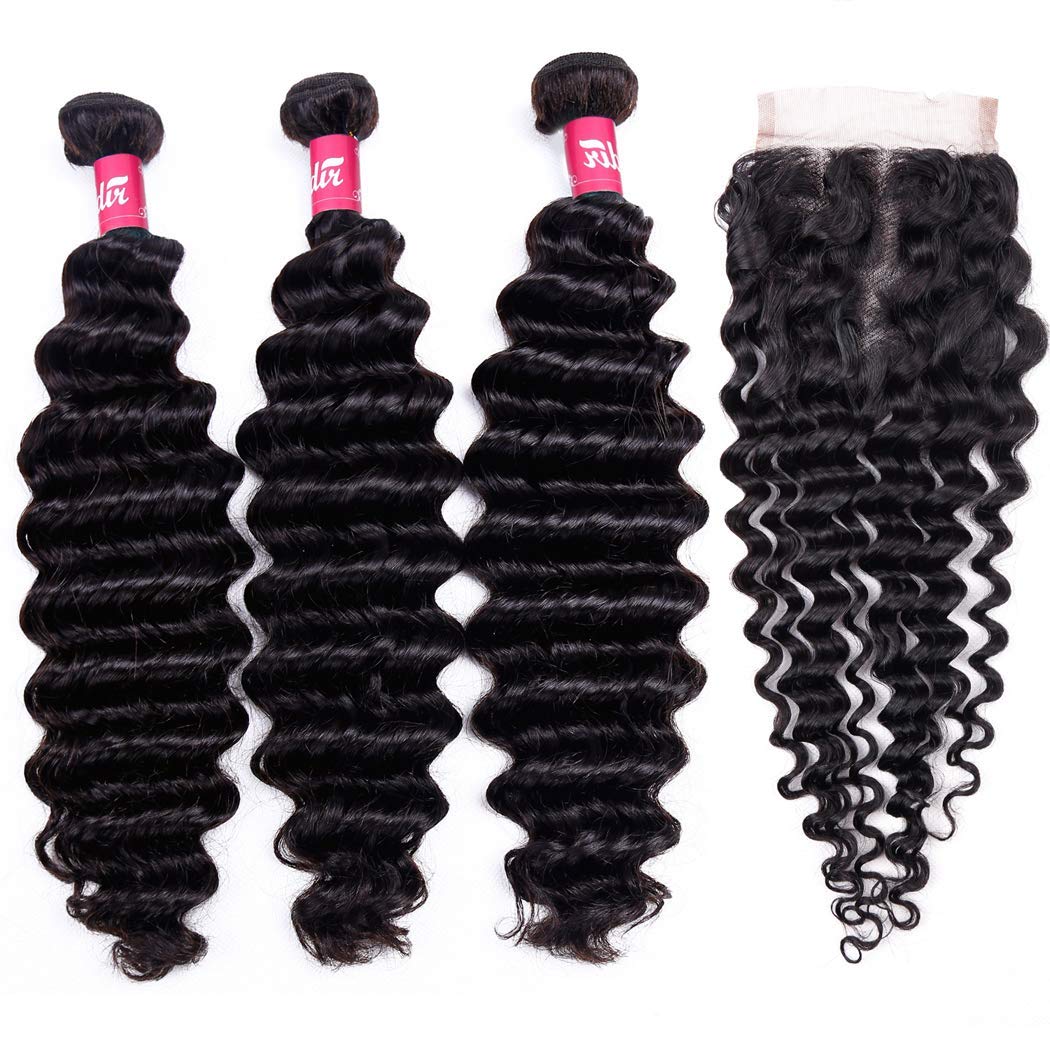 Brazilian Deep Wave Human Hair With Closure 26 28 60+20 Inch Unprocessed 9A Deep Curly Virgin Hair Weave 3 Bundles With 4  4 Lac