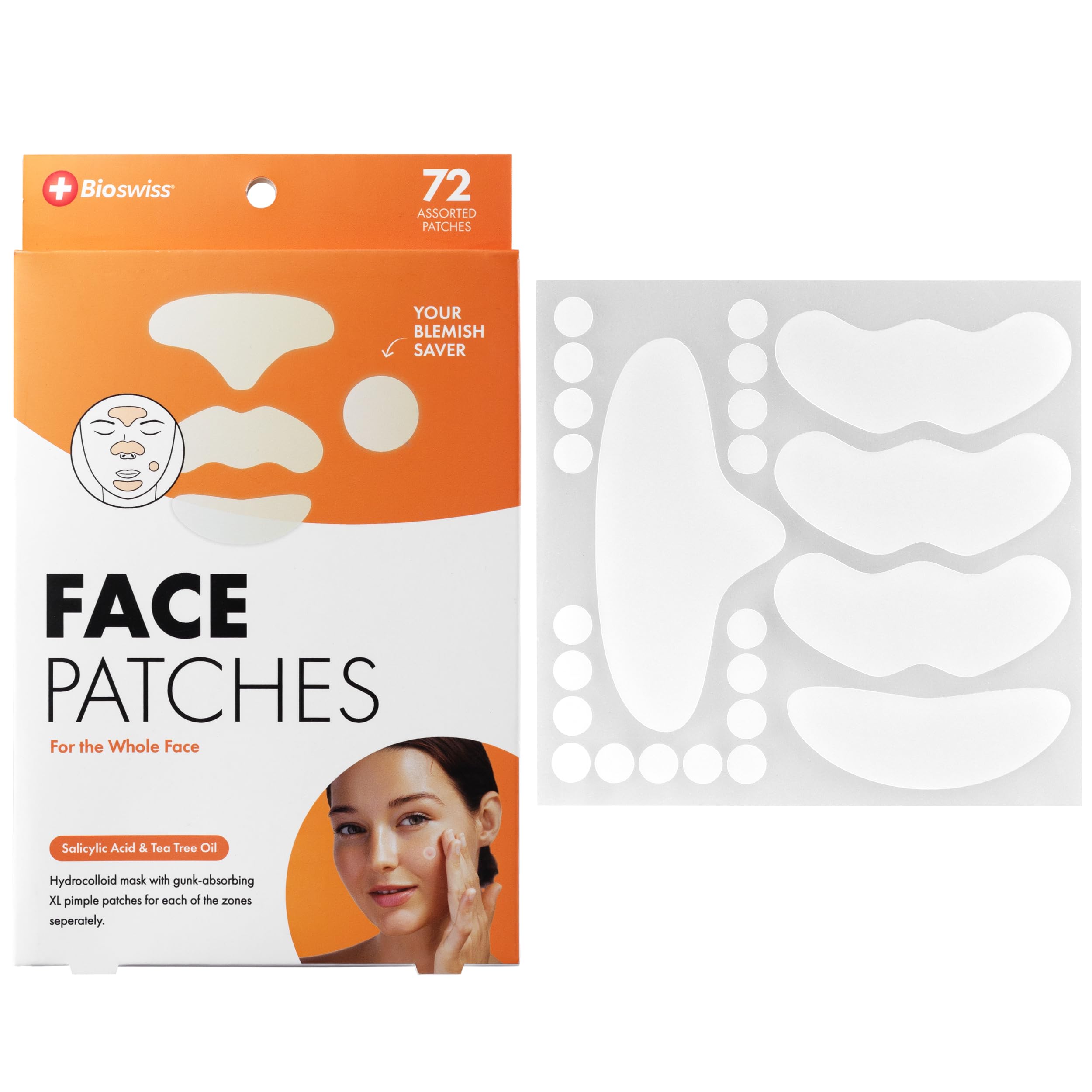 BioSwiss XL Face Pimple Patches, Hydrocolloid Full Face Acne Patch for Zits and Blemishes, Forehead, Nose and Chin Coverage, 72 