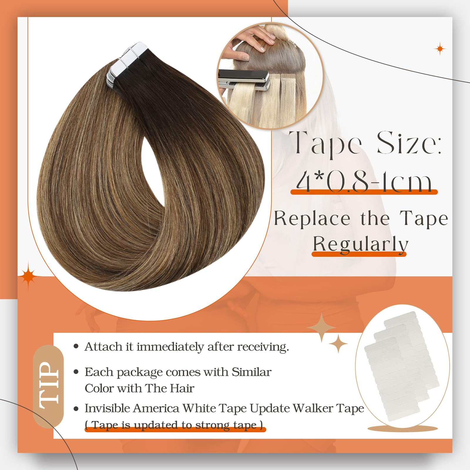 Full Shine Tape In Extension 22 Inch Tape In Human Hair Extensions 50Gram Color 2 Dark Brown To 27 Honey Blonde Mixed 3 Brown In