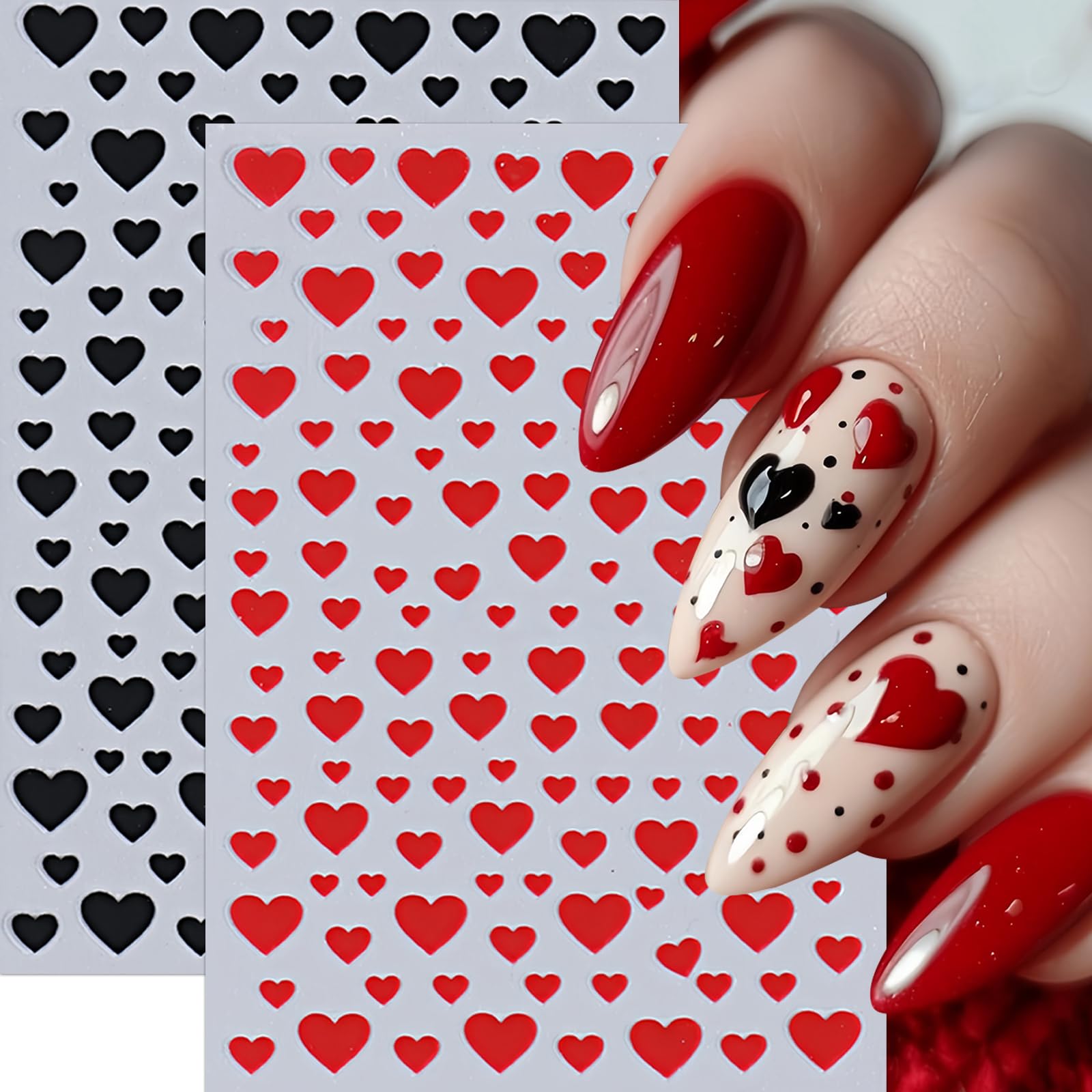 8Sheets Heart Nail Stickers Red Love Nail Decals 3D Self-Adhesive Valentine'S Day Nail Art Stickers White Black Heart Nail Desig